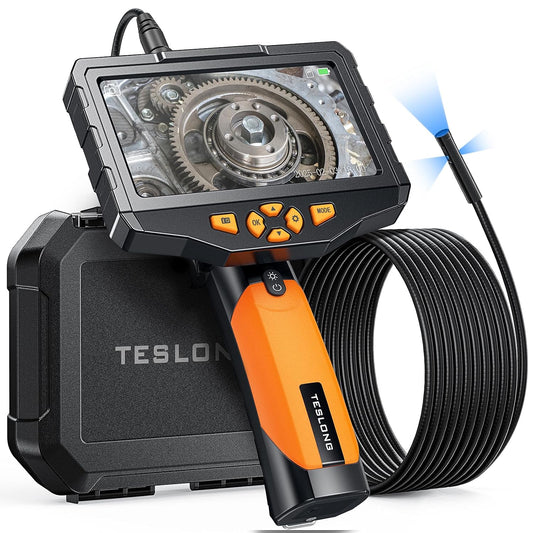 Teslong 16.5FT Triple Lens Borescope Camera for Automotive/Home/Wall/Pipe | 5" IPS Screen, LED Flashlight, 0.31 inch Endoscope, 8+2 LED Lights, 5000mAh Battery, 32GB, IP67 Waterproof, Carrying Case