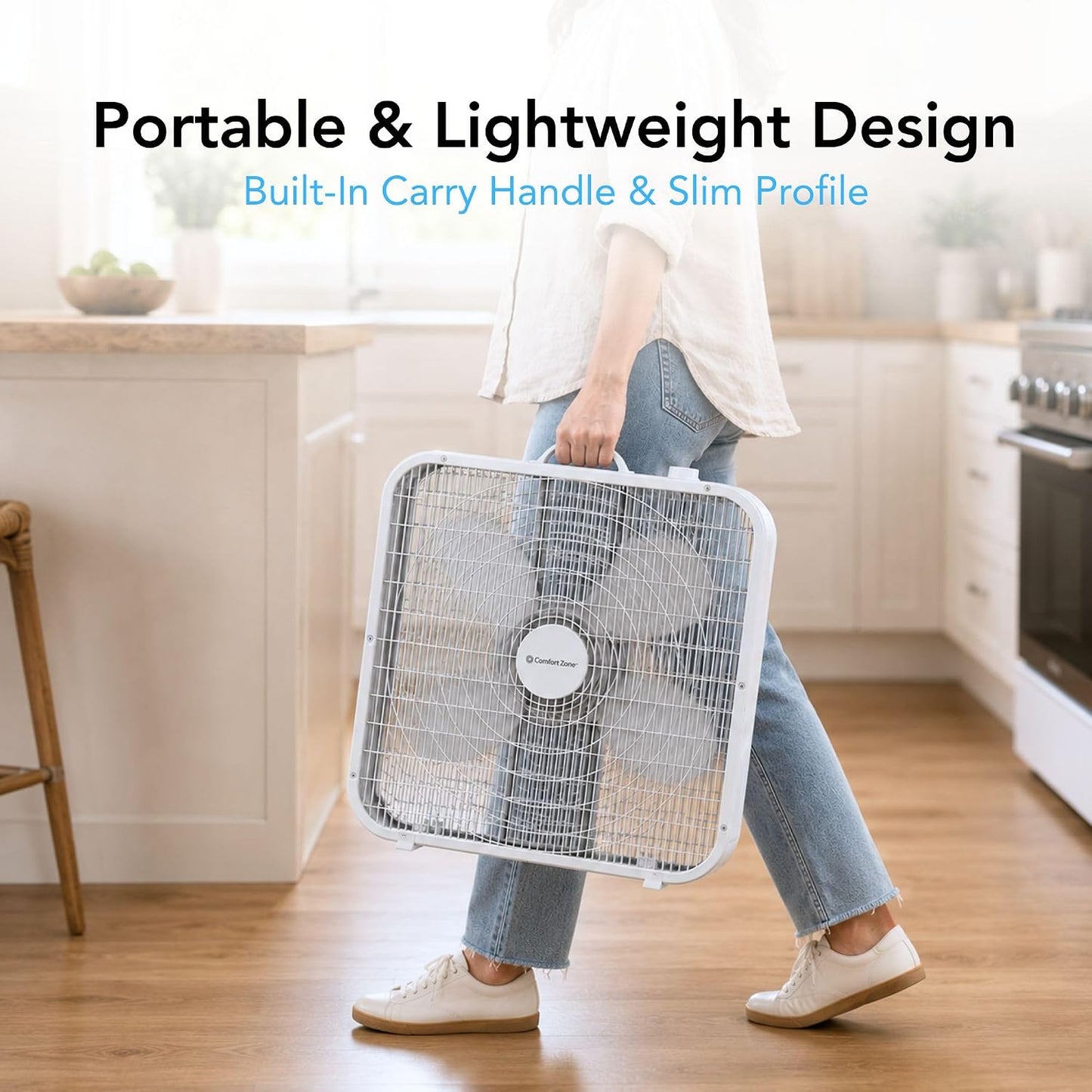 Comfort Zone Box Fan with Carry Handle, 20 inch, 3 Speed Full-Force Air Circulation Window Fan, Bedroom Floor Fan with 5 Blades, White Noise Cooling Fan, White