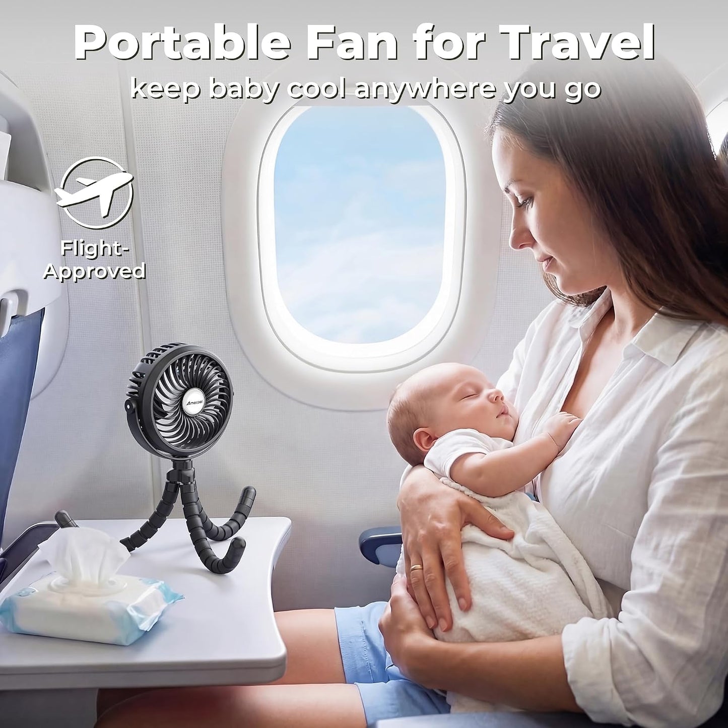 AMACOOL Battery Operated Stroller Fan, Portable Clip On Fan Rechargeable | Baby Travel Essentials for Beach Disney, Newborn Boy & Girl Gifts Registry Search, Cooling for Car Seat Wagon Crib Treadmill