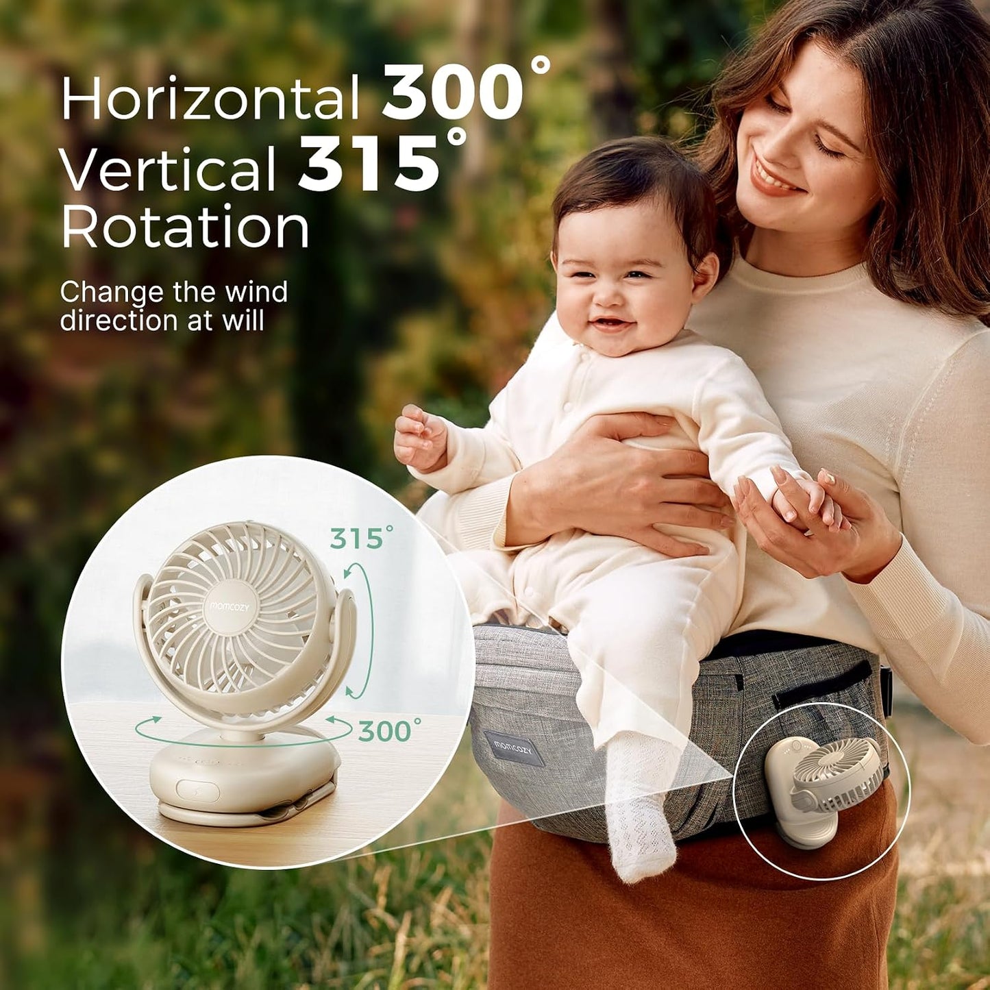 Momcozy Portable Stroller Fan with Clip, 4-Speed Mini Cooling Fan, 0.26 Lb | Ultra-Light Rechargeable Design, Gaps ≤ 4.5 mm, Rotating Handheld Cooling for Carriers, Backpacks and Tables