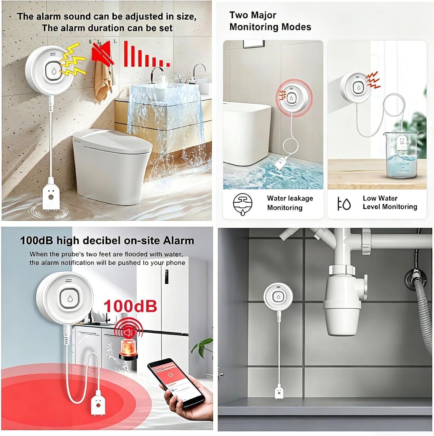 Wi-Fi Water Leak Detector, 100dB Adjustable Audio Alarm Sensor, Sensitive Leak & Drip Alert with Remote Email & APP Notification, for Home and Basement 1PC