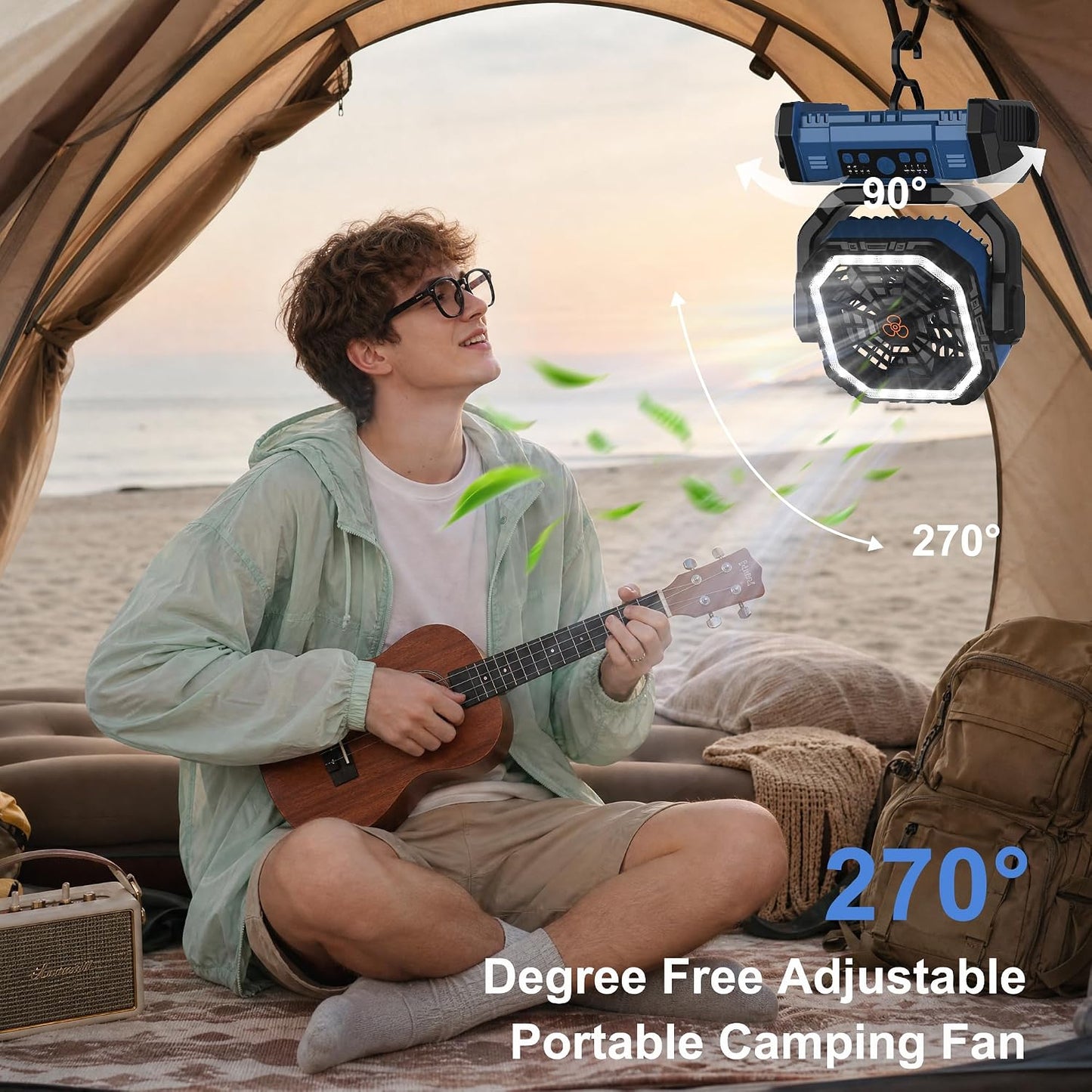 Honesorn 20000mAh Rechargeable Camping Fan with LED Light Remote, Navy Blue | Up to 60H Runtime, 45°/90°Oscillating, Hanging Hook, 4 Speeds, 8H Timer, USB-C Charging, for Camping, Tent, Travel, Outdoor
