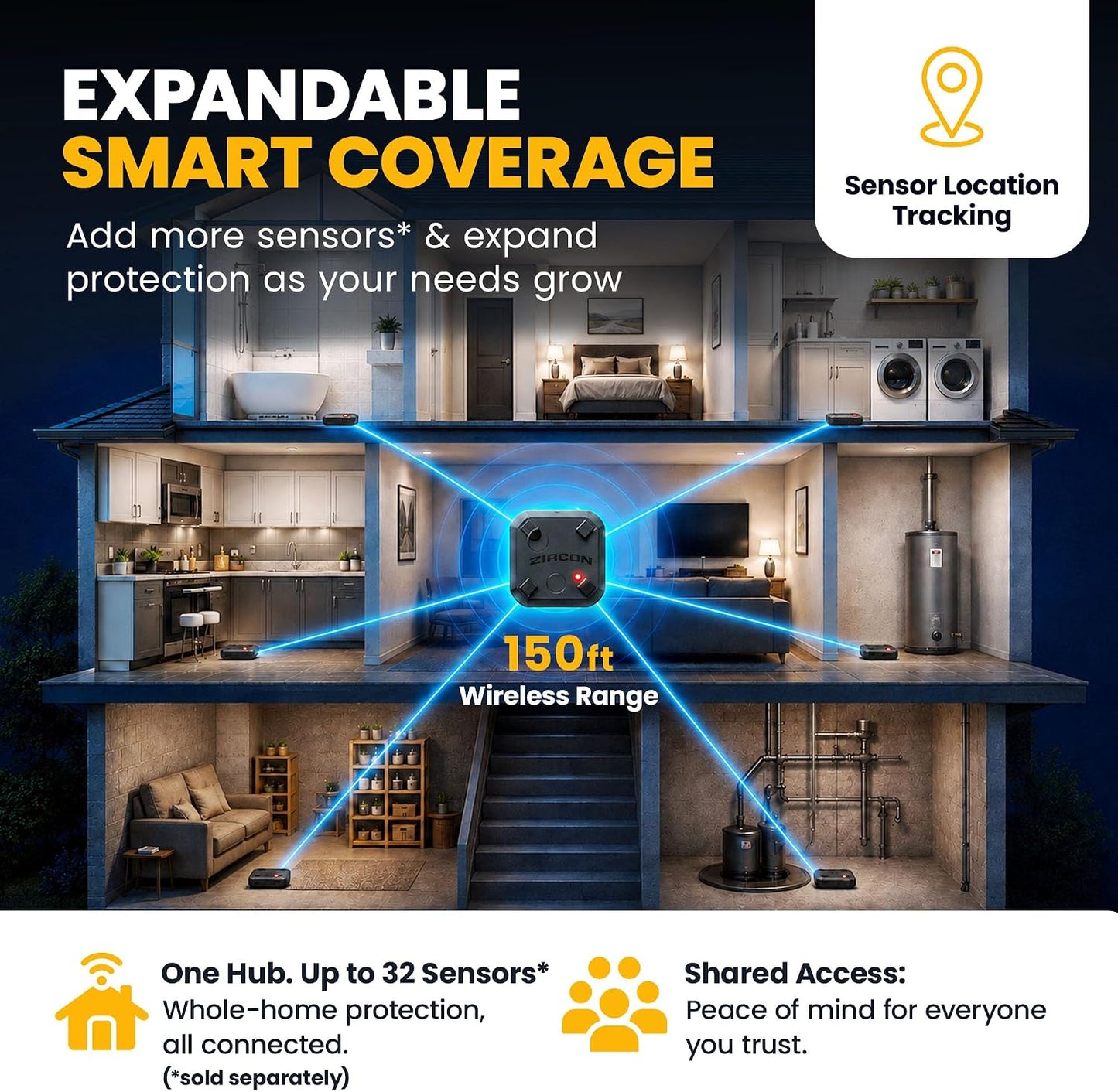 Zircon® Leak Alert 360™ Smart Water Leak Detector Kit, 2 Sensors, iOS Only | Smart water leak detection system with real-time mobile alerts for basements, kitchens and bathrooms, includes 2 sensors