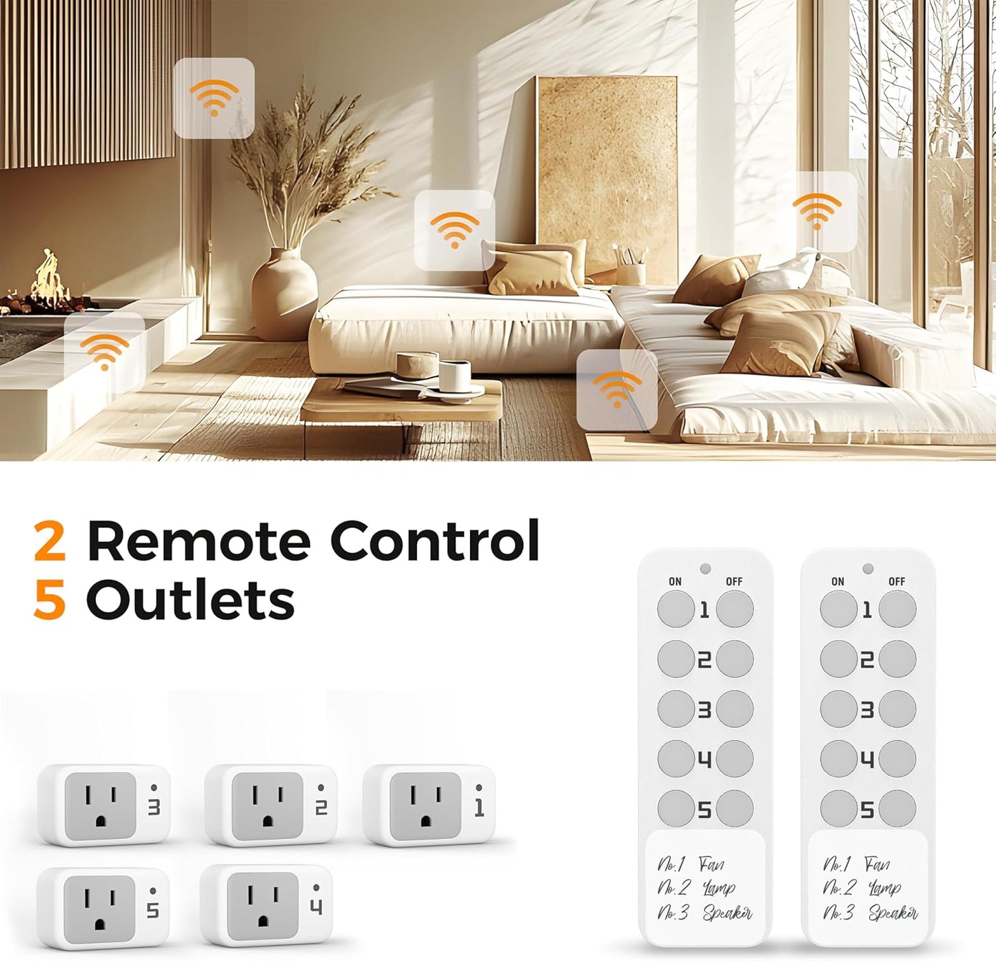 TESSAN Wireless Remote Control Outlet, 2 Remotes + 5 Outlets | ON/Off Light Switch, 100ft Range, For Indoor String Lights, Lamps, Home Appliances, Electrical Wall Plug