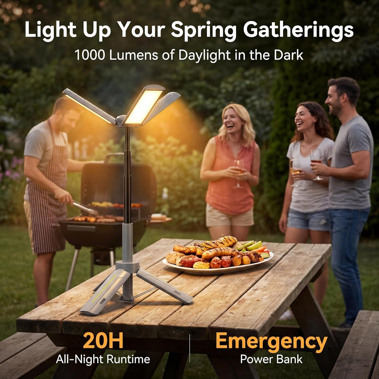 Telescopic Tripod Camping Light, 40" Adjustable Height, 20H Runtime &1000LM | Outdoor Lamp for Camping Emergency Power Outage Survival Gear - Grey