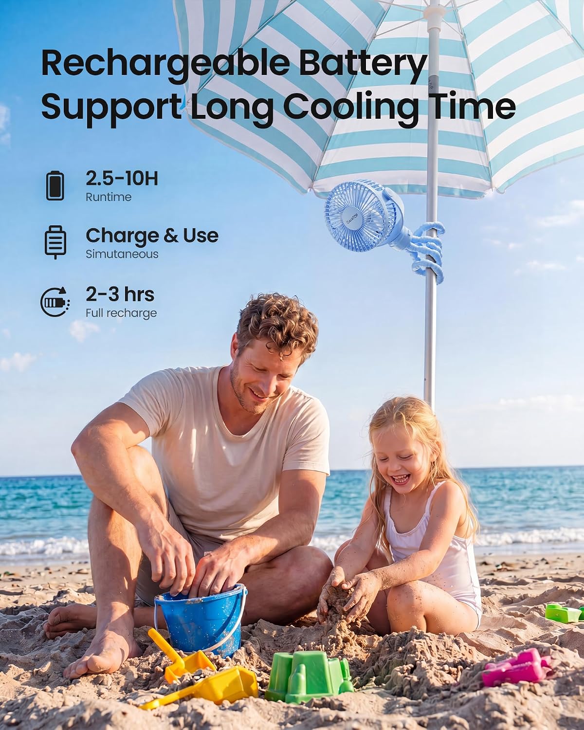 Gaiatop Mini Portable Stroller Fan, Small Clip on Fan Blue | Battery Operated Detachable, 3 Speed Rechargeable, 360° Rotate Flexible Tripod, Cooling for Car Seat Crib Treadmill Travel