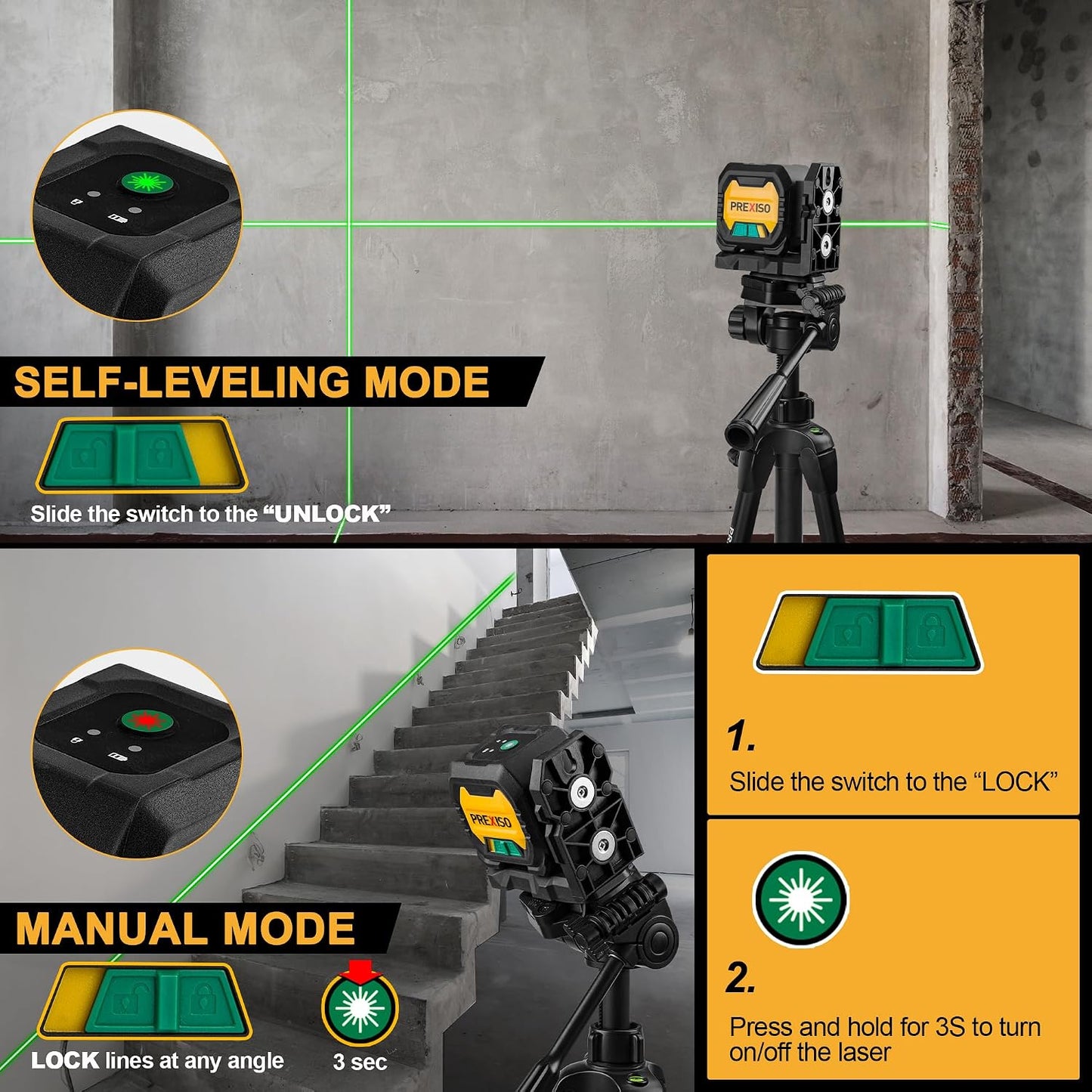 PREXISO Laser Level with 47 Inch Tripod, IP54 Rechargeable 65Ft Green Laser | 3 Brightness Mode, Self Leveling Cross Line Laser, Light Indicator, Lazer Leveler Tool for Picture Hanging, Home Renovation