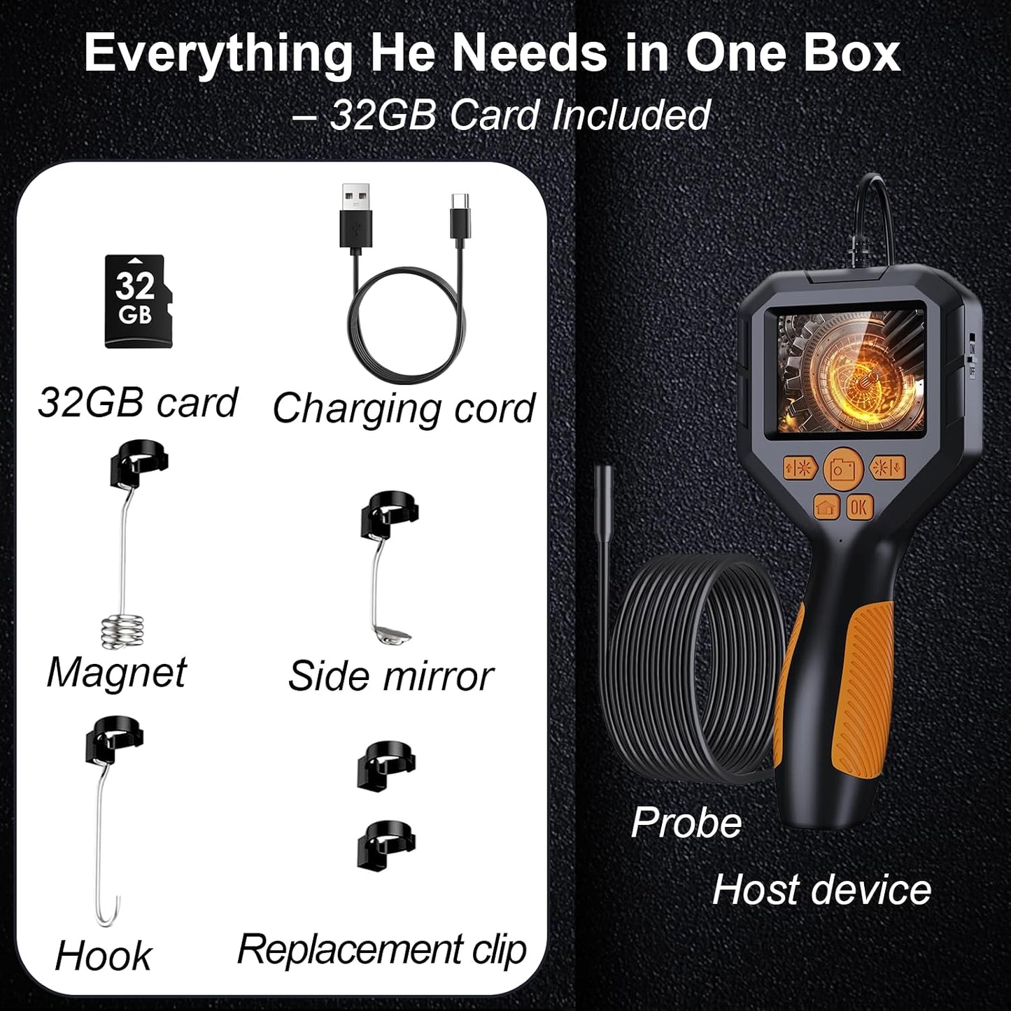 Unique Tech Gift for Men,HD Borescope Camera with Light | 1080P HD 2.8" IPS, 6.5ft snake, 8 LEDs, IP68. For pipes/engines. Gift for men, dad, teens. 32GB card