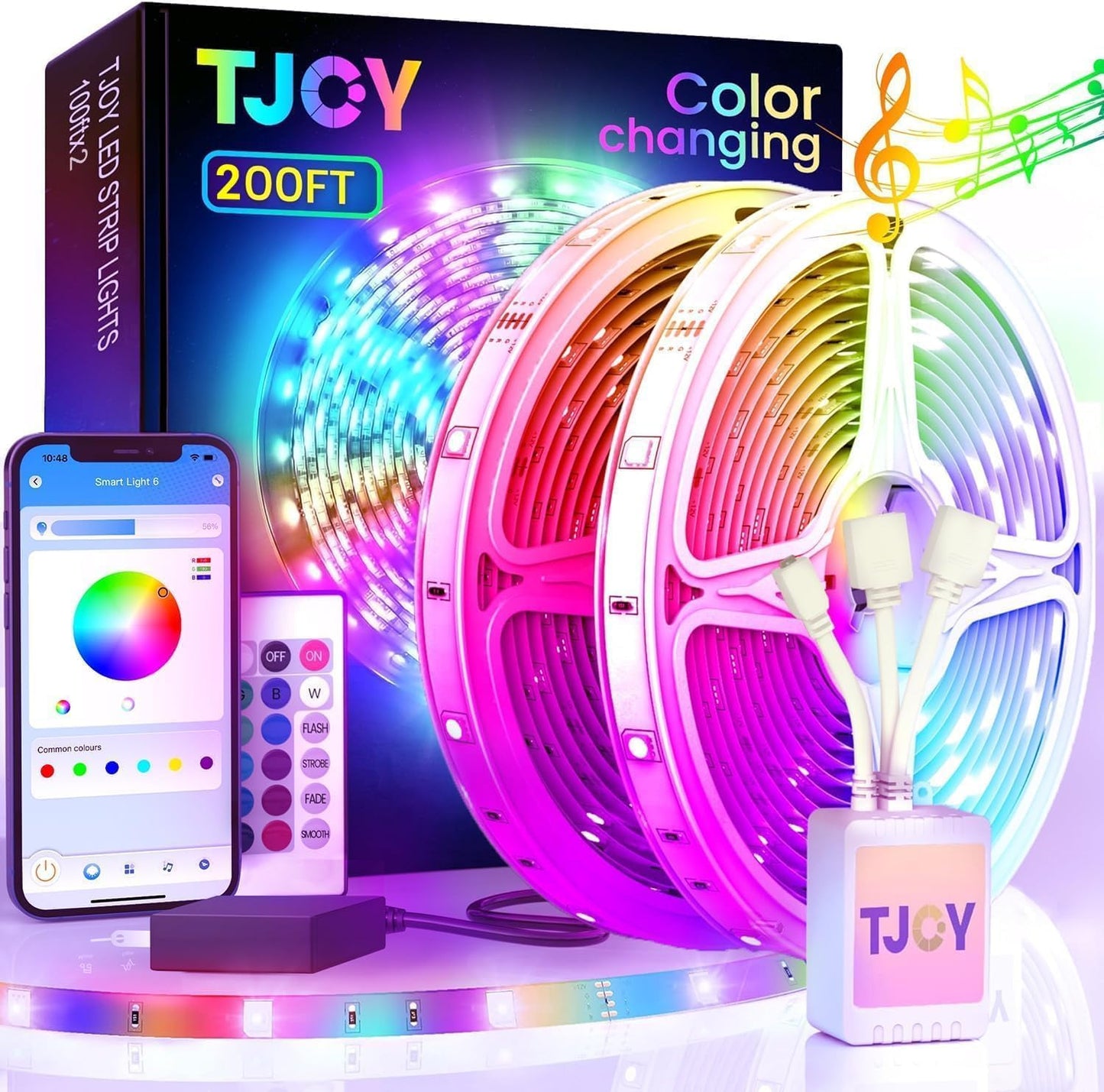 TJOY LED Lights for Bedroom 100ft, RGB Color Changing Led Strip Lighting with Remote and Smart APP Control, Music Sync Rope Lights via Bluetooth for Kitchen, TV, Room Decor