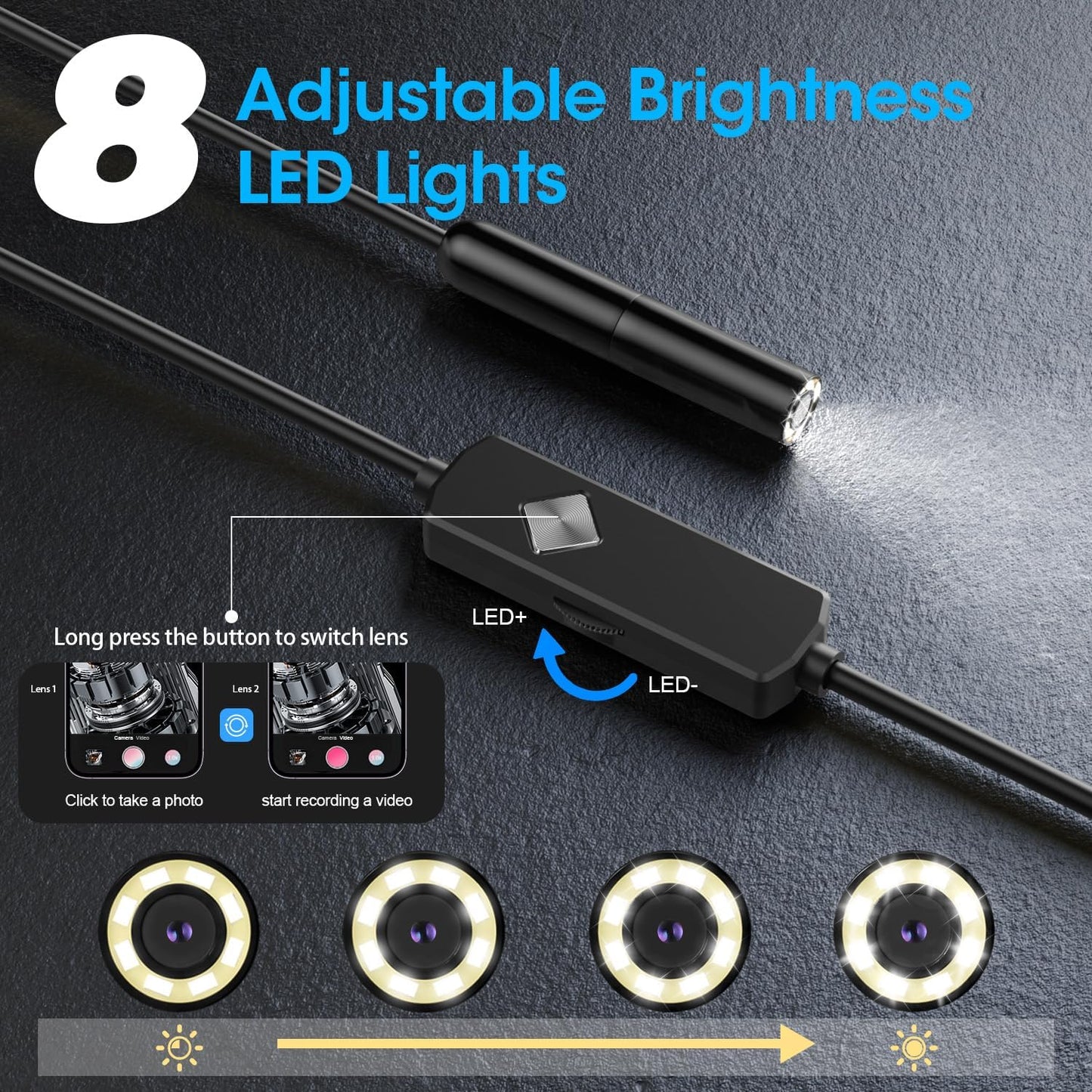 Endoscope with Light, 1920P HD Borescope with 8 Adjustable LED Lights, Semi-Rigid Snake Camera, IP67 Waterproof Inspection Tool (9.8ft, Black Harness + Single Lens)