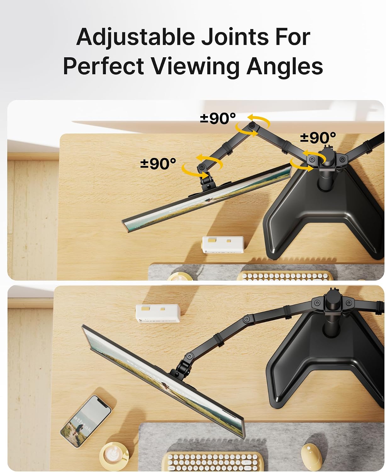 monTEK Freestanding Dual Monitor Stand for 17-32" Screens, 22 lbs Each | Solid V-shaped base, dual-screen full-motion arms, height adjustment, tilt, swivel, rotation and VESA 75/100