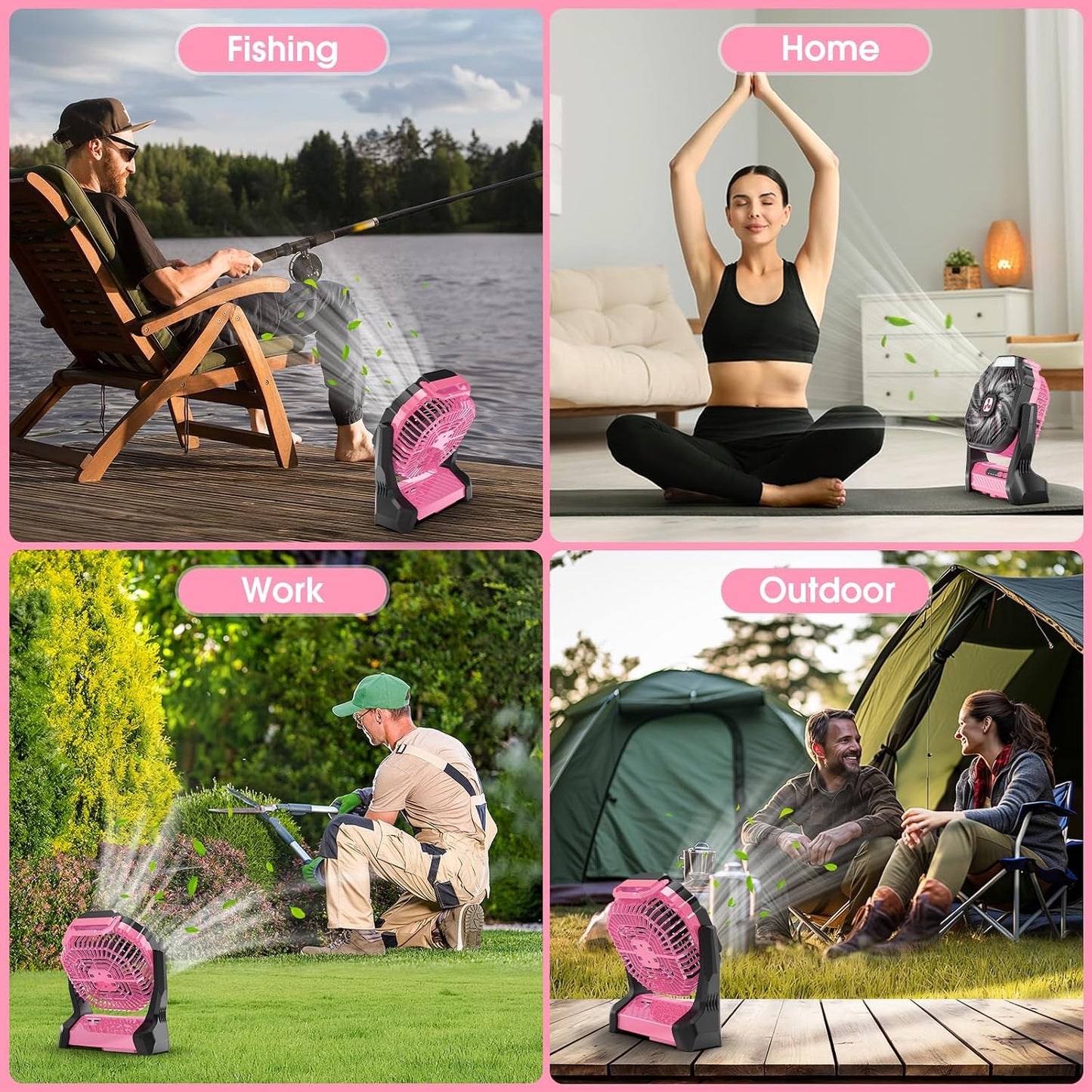 Peouix Portable Rechargeable Fan, 20000mAh Cordless Battery Powered Camping Tent Fans with LED Lantern, Operated Outdoor Ventiladores for Travel Camp Fishing Office Home Essentials | Pink