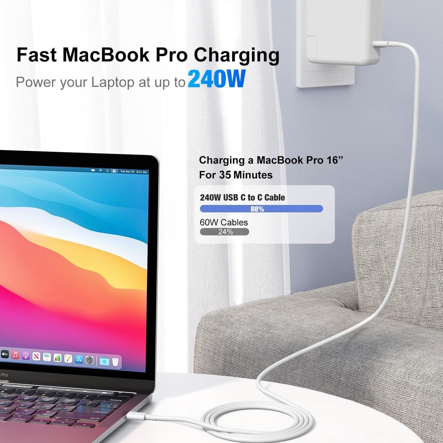 Hzevn 240W USB C Charging Cable for MacBook Pro/Air & for iPhone 17/16 Pro Max, MFi Certified 48V/5A Super Fast Charger Cord 6ft+10ft, PD 3.0 Compatible with iPad Pro 12.9/11, Samsung S25/S24(2-Pack)