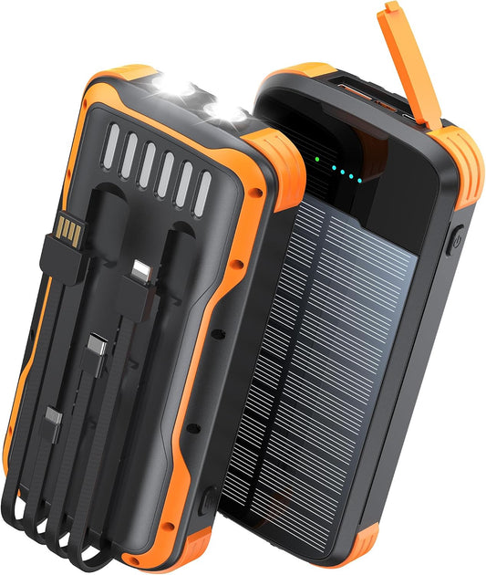 Solar Power Bank 40000mAh PD20W Fast Charging Portable Solar Charger | Built-in 4 Cables, 3 Ports, Dual Bright Flashlight, External Battery Pack for Camping, Hiking, and Outdoor Use, Orange