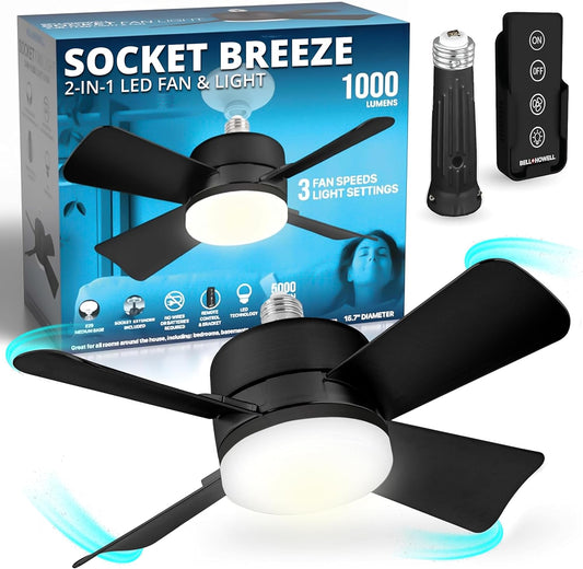Bell+Howell Socket Breeze 15.4" Socket Fan Light with Remote | 3500K, 1000 Lumens, Portable, Small, Easy to Install Ceiling Fan Replacement for Bedroom, Kitchen, Living Room