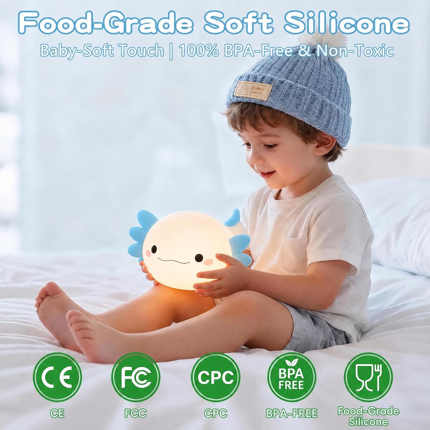 Blue Axolotl Night Light for Kids, Squishy Silicone Nursery Lamp | Touch Control, 24-Hour Battery, 20-Min Timer, 3000K Warm LED, BPA-Free Silicone, Baby Nursery Decor, Gift for Kids