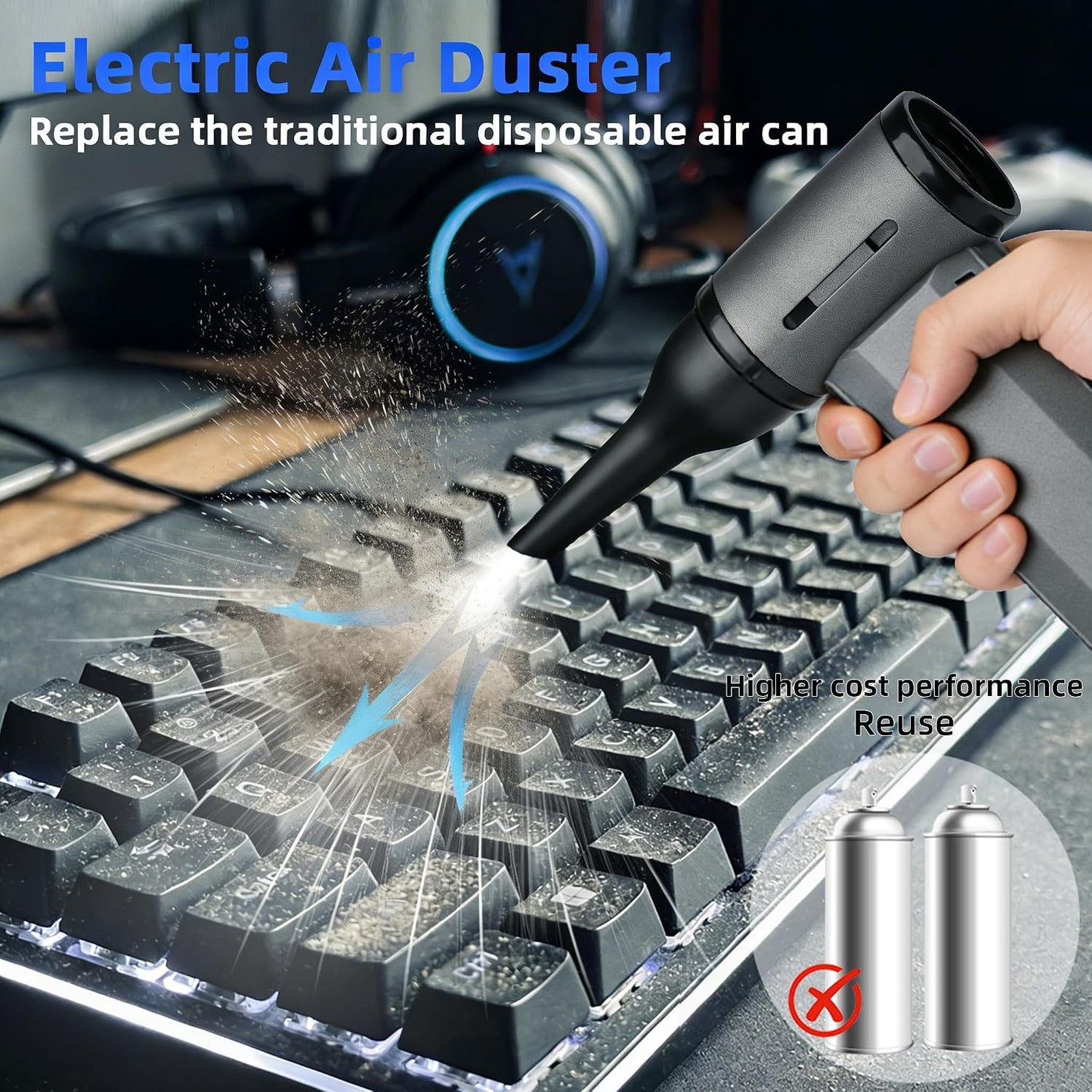ODISTAR Compressed Air Duster - 130000 RPM Super Power Electric Air Duster, Rechargeable Cordless Air Blower with Stepless Speed Adjustable for Computer, Keyboard, Car, Home, Office