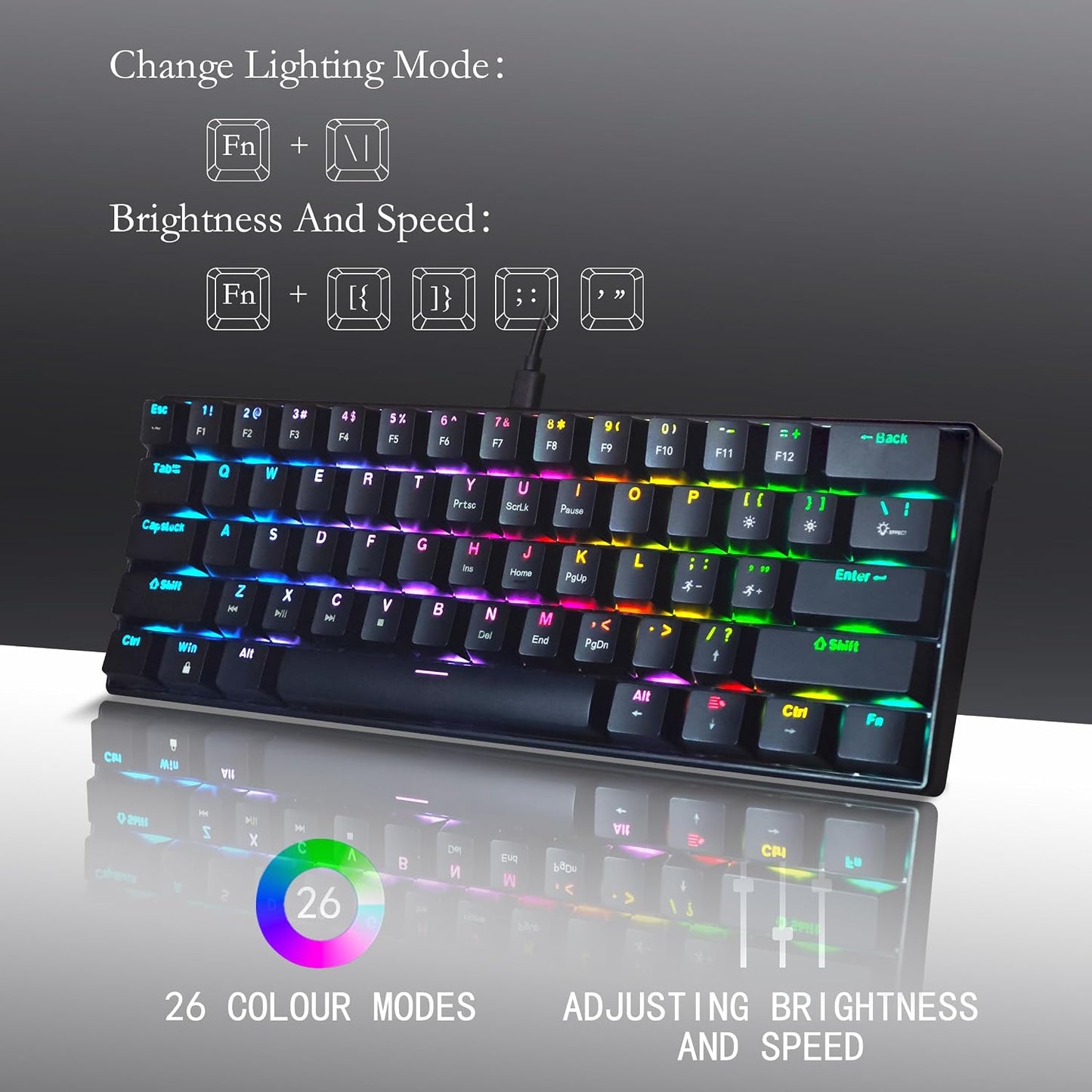 Mechanical Keyboard, 60% Mechanical Gaming Keyboard with Blue Switches and Dynamic 26-Mode RGB Backlight - Plug and Play, 61-Key, Anti-Ghosting, for PC, Windows, Mac, Gamer, Office, Typists