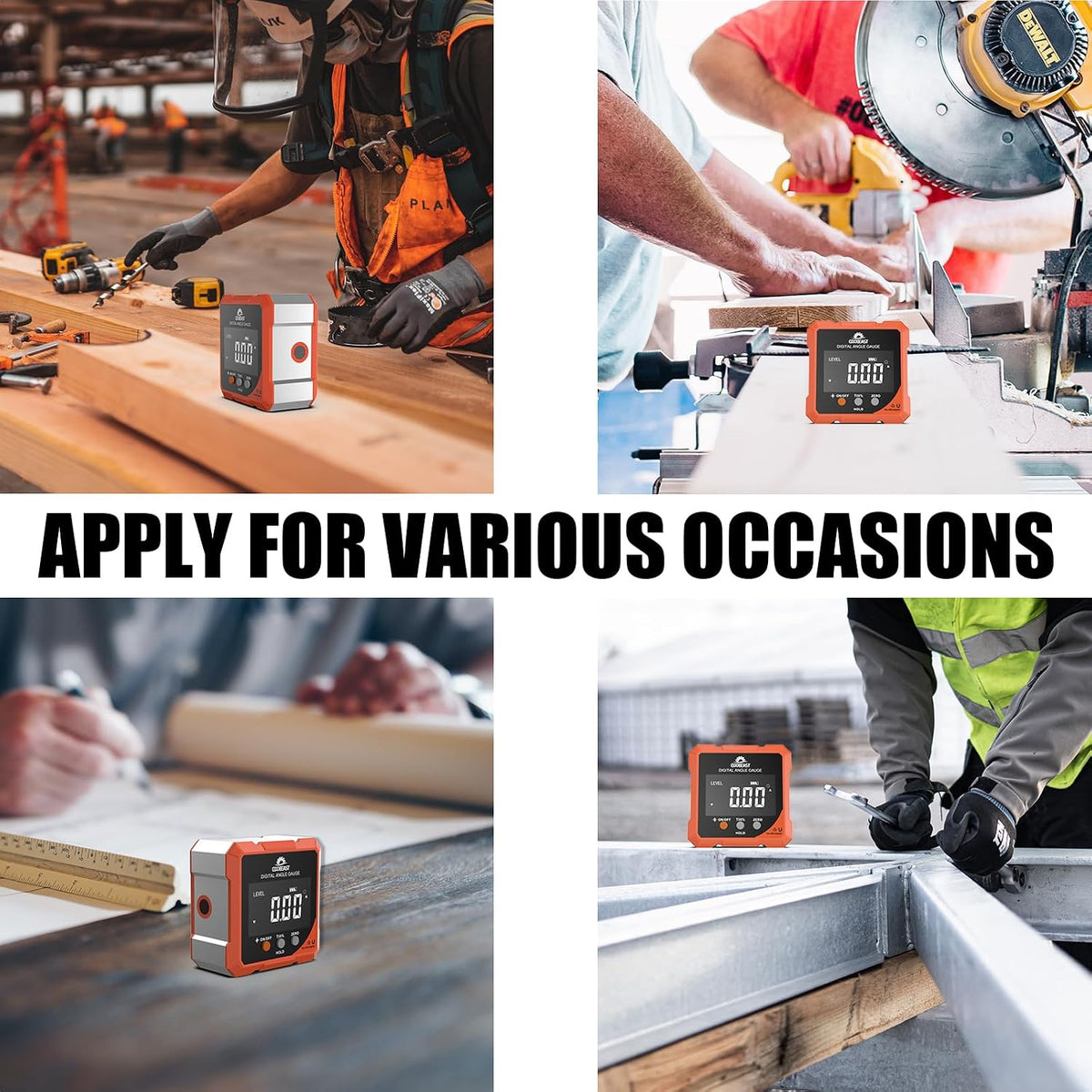 Coobeast Digital Angle Finder with Dual Laser 4-side Magnetic Angle Gauge | Magnetic Laser Level Measuring Tool with Electronic Laser Inclinometer Backlight for Woodworking Table saw Miter Orange
