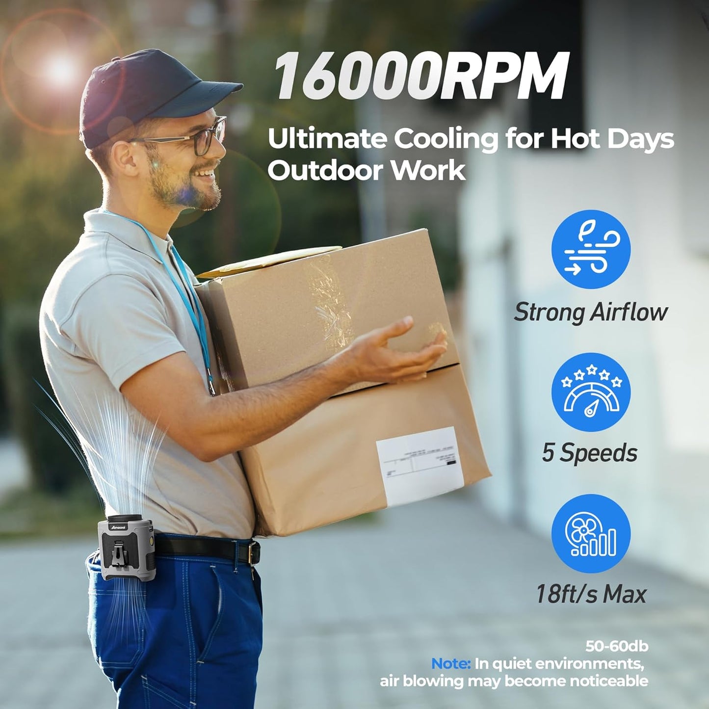 AMACOOL Portable Waist Fan Clip On, 10000mAh Wearable Shirt Fan with Light | MAX 40H Work Time, 16000RPM Powerful 5 Speeds Belt Fans Personal Cooling Fans, Gifts for Men Women Outdoor Jobsite Travel