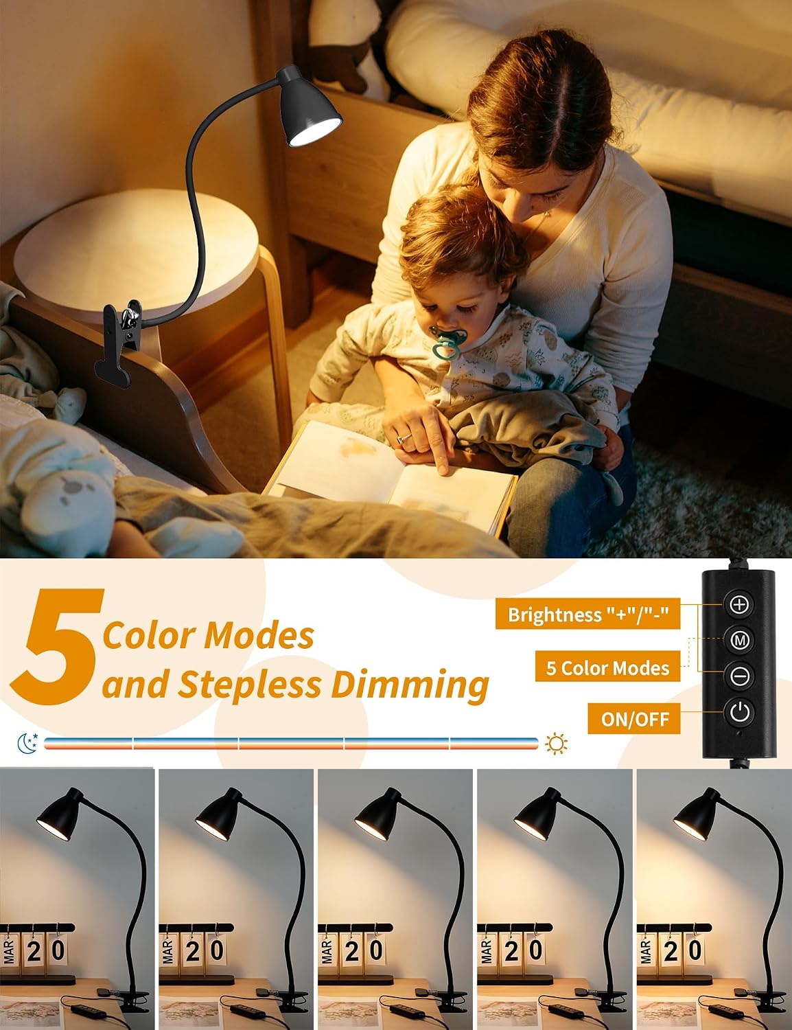 BOHON Desk Lamp 5 Color Modes 10 Brightness Dimmer Reading Light Black | 10W 38 LED Clamp Lamp with Auto Off Timer 360° Flexible Neck Clip on Light for Bed Bedside, AC Adapter Include