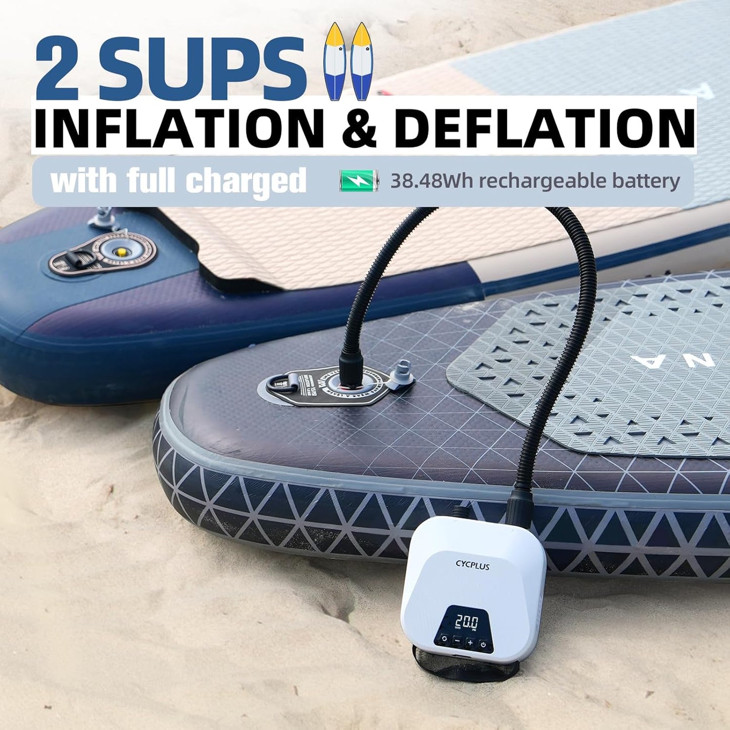 CYCPLUS Smart SUP Air Pump, 20PSI, 38.48Wh Battery, Inflation & Deflation | Compact size, 1.14kg, Auto-Off, 7 Nozzles, Air Pump for Stand Up Paddle Boards,Surfing Kite, Tent, Mattress