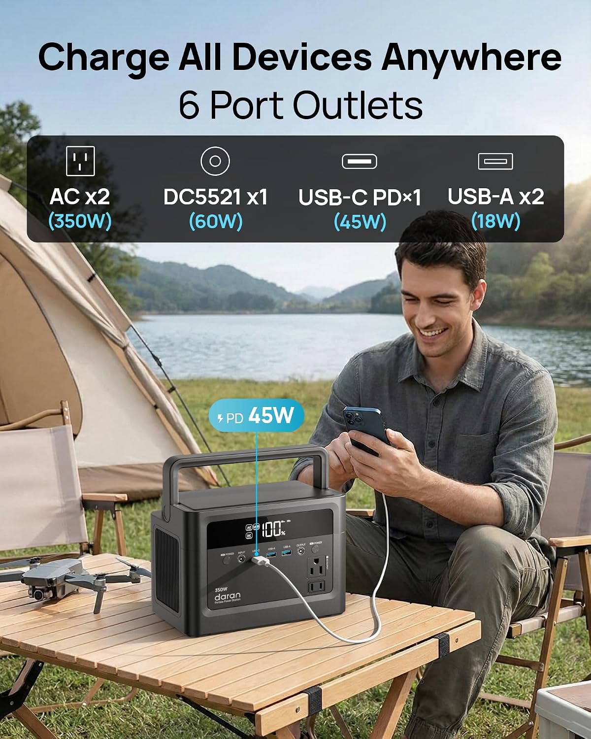 Portable Power Station 700W Surge, Solar Generator 350W, 230.4Wh | Power Bank with AC Outlet, LiFePO4 Battery, PD Fast Charging, for Camping, Emergency, Laptop, RV, Off-Grid Living