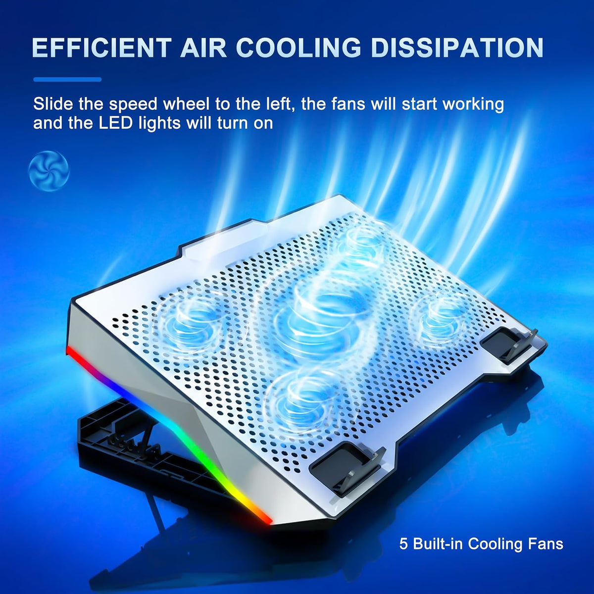 AFI Electronics Laptop Cooling Pad, 5 Quiet Fans Gaming Laptop Cooler for 11–17 Inch, RGB LED, LCD Display, 6 Fan Speeds, 8-Height Adjustable Stand, Dual USB Ports, Notebook Cooling Stand