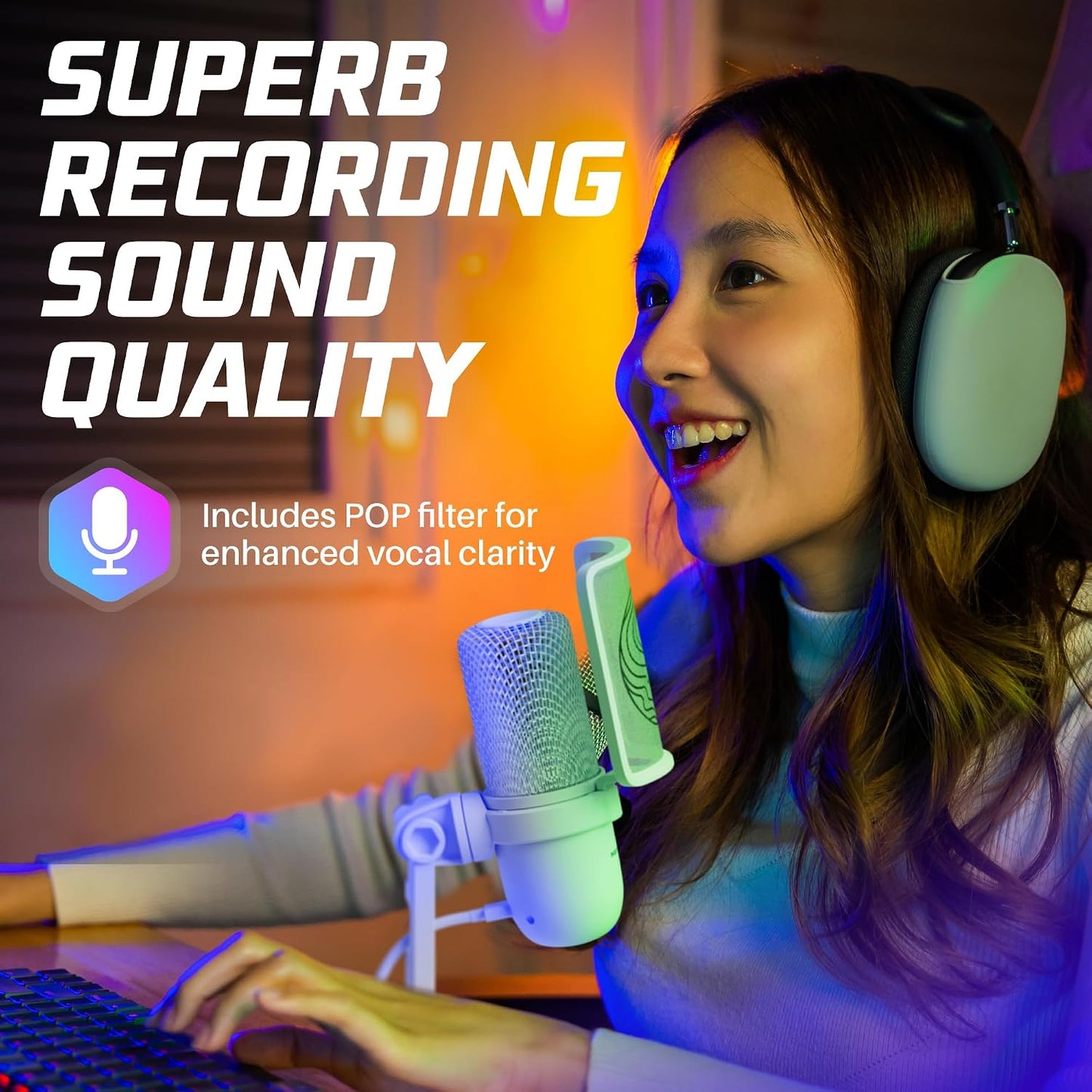 Neptune Sonus Gaming Microphone | Streaming Mic With Pop Filter for Vocal Clarity | Desktop Mic for Streaming, Gaming, Recording, & Podcast | PC Microphone With Type-C to USB Cable (White)