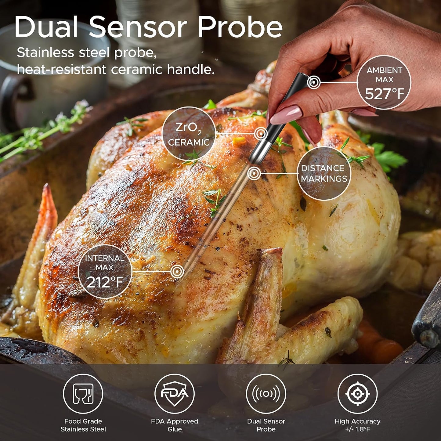 Smart Wireless Meat Thermometer Digital, Bluetooth Meat Thermometer Wireless with Dual High-Accuracy Sensors, Instant Read LCD & App Control for Kitchen BBQ Grill Smoker Air Fryer