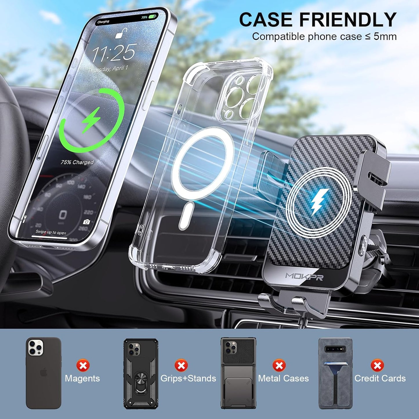 Wireless Car Charger 15W Fast Charging Auto-Clamping Air Vent Phone Mount | Cell Phone Holder Car Charger Compatible with iPhone 17 16 15/14/13/13 Pro/12 pro/12, for Samsung Galaxy Series