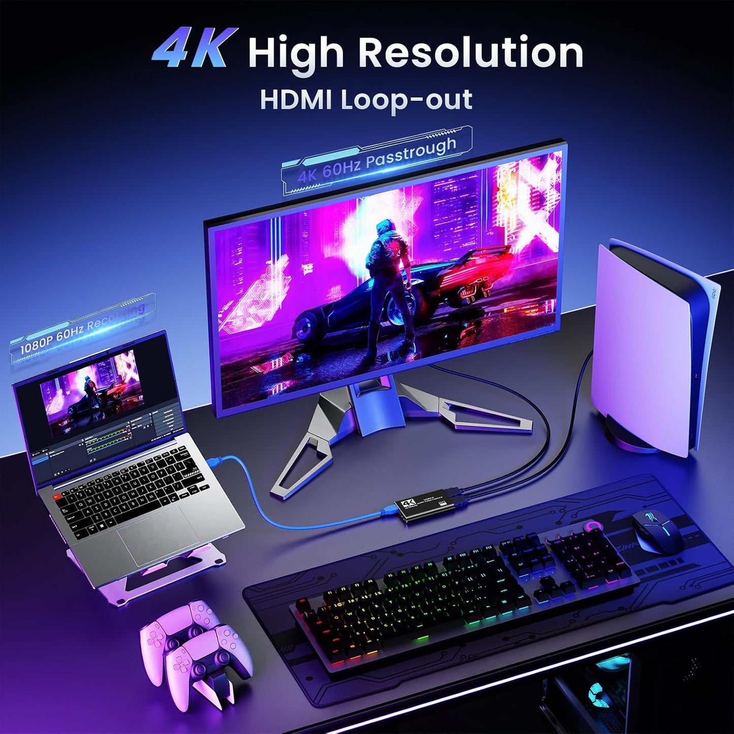 Papeaso USB 3.0 HDMI Capture Card, 2K30 FPS Capture with 4K Pass-Through | 2K30FPS/1080P60 capture & streaming with ultra-low latency 4K pass-through. for PS4/5, Switch 1/2, Xbox, PC, Mac & camera.