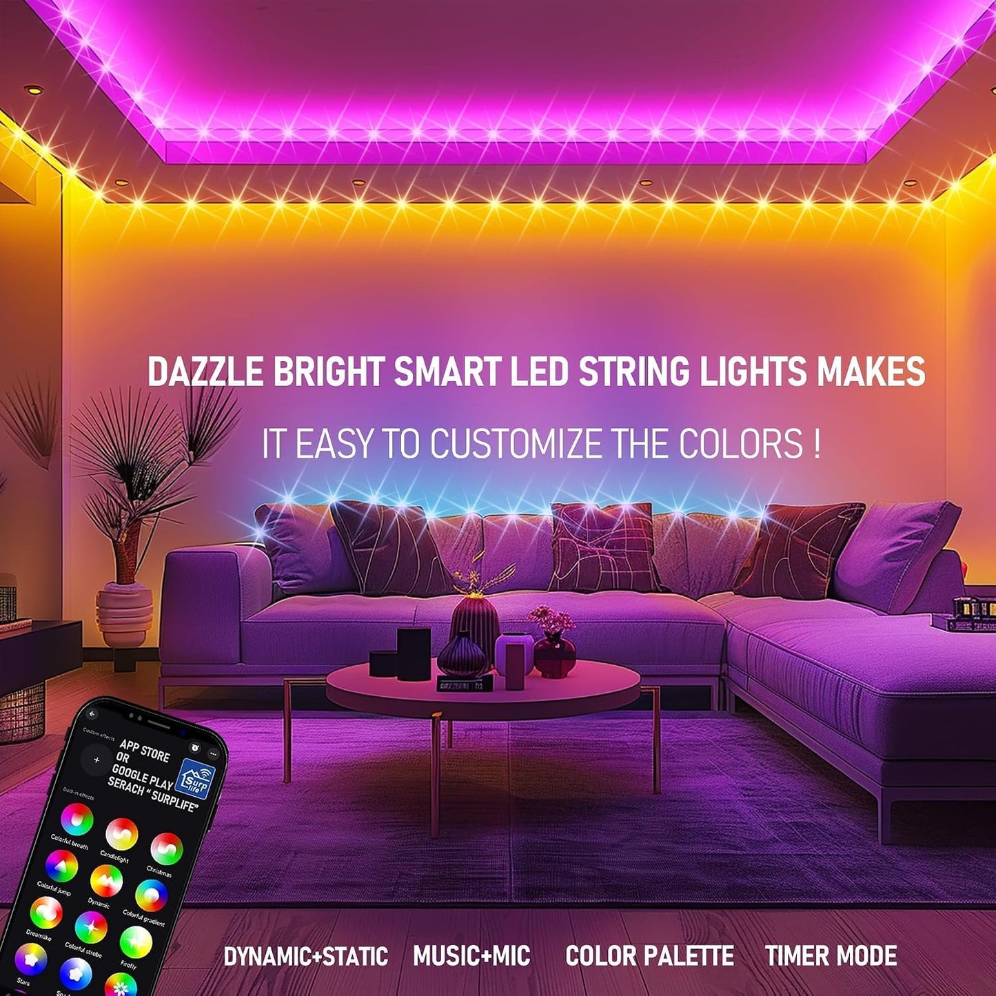 Dazzle Bright Smart Color Changing Christmas Lights, 66FT 200 LED RGB String Lights with Remote &amp; App Controlled, Halloween 4th of July Decoration for Indoor Outdoor Holiday Xmas Tree Party Decor