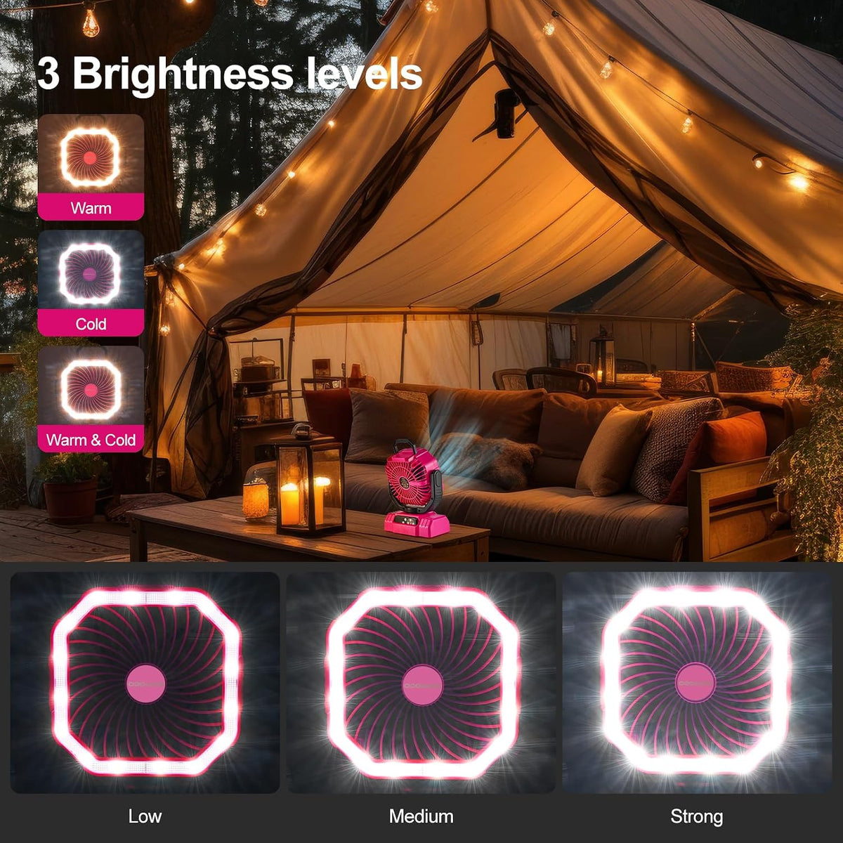 Odoland Portable Camping Fan with Light, 20000mAh Rechargeable Battery Fan | Desk Fan with Auto Oscillation, Timer, Remote, 360° Rotation Hook, 4 Speeds for Power Outage Travel Home, Pink