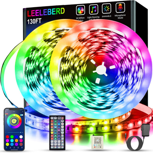 Leeleberd 130 ft Led Lights for Bedroom,(2 Rolls of 65FT) Bluetooth Smart APP Control Color Changing RGB Led Strip Lights with Remote Control Led Lights for Room Kitchen Party Home Decoration