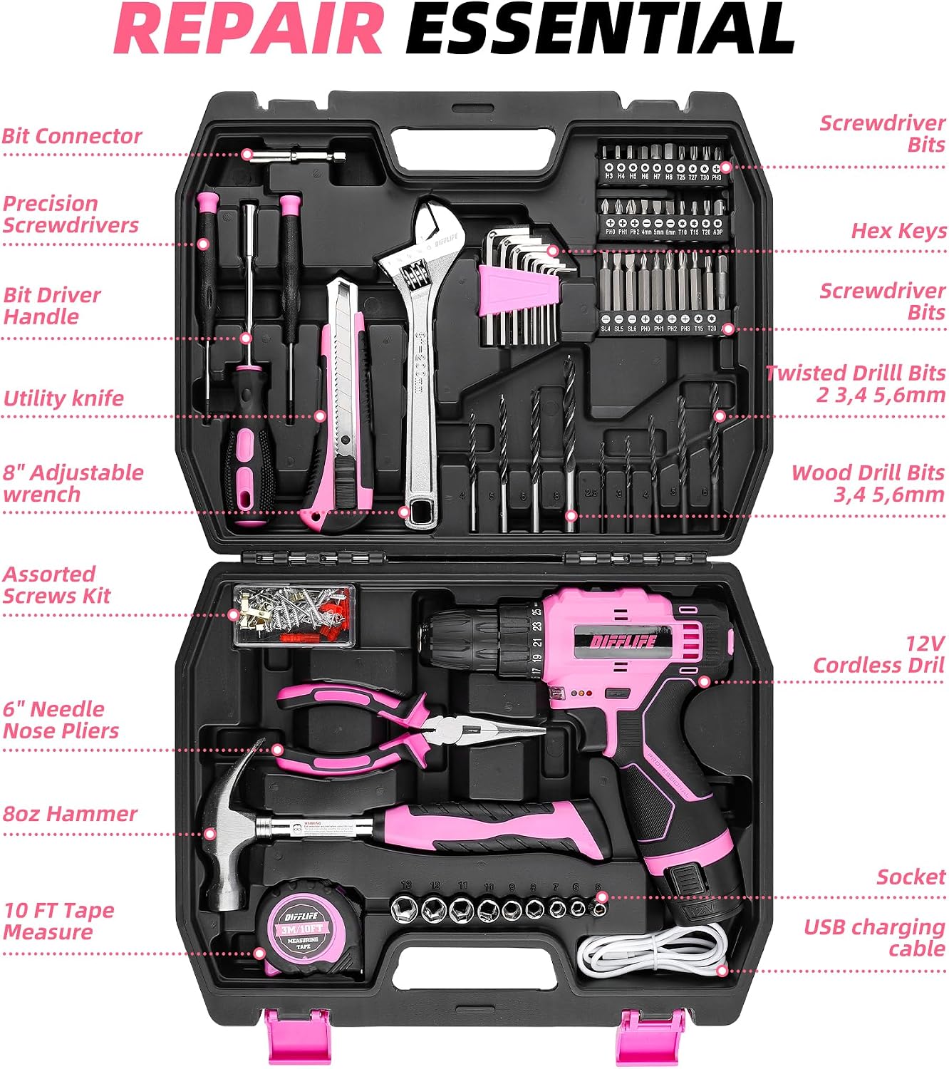 147 Piece Pink Power Drill Drivers Tool Set, 12V Cordless