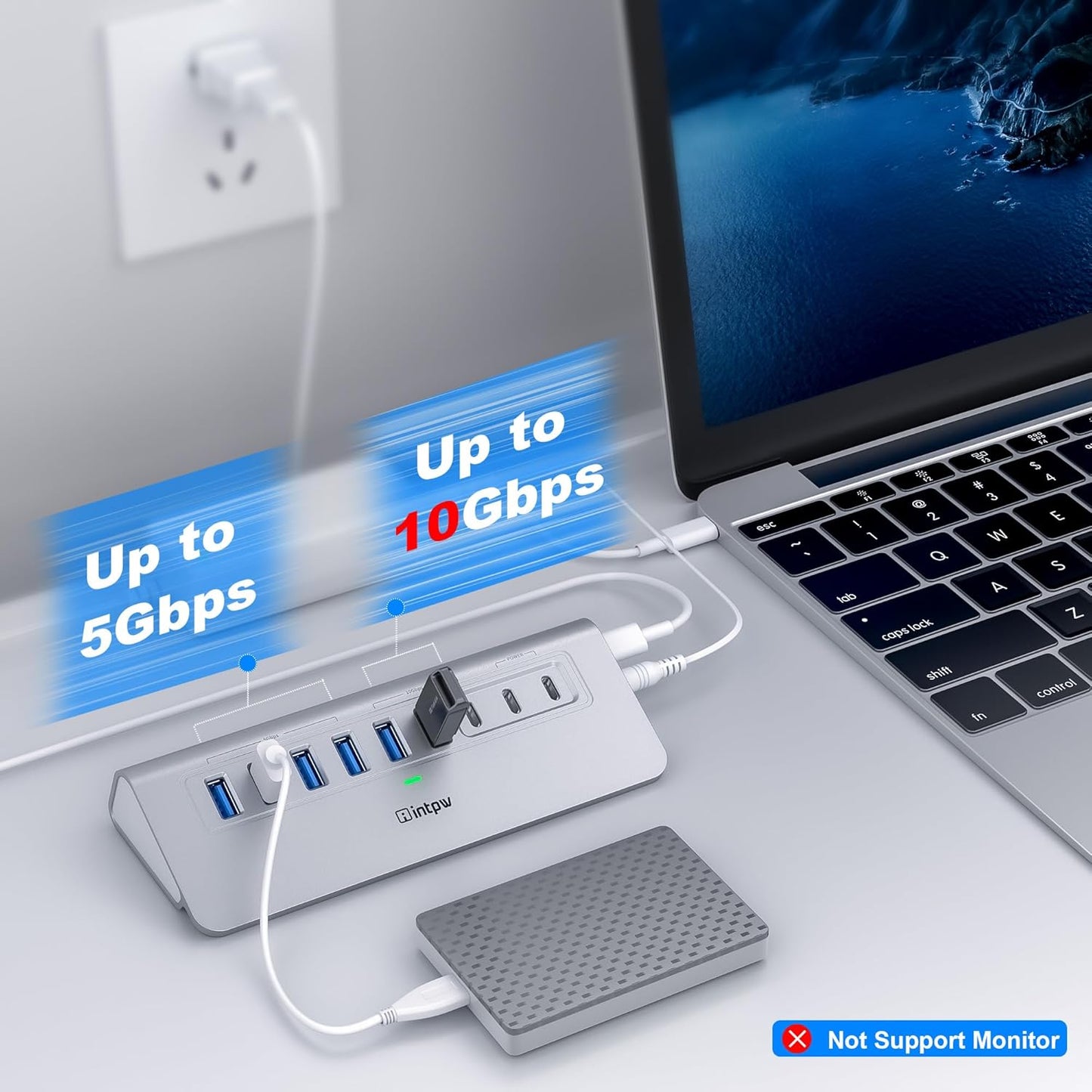 Powered USB Hub 10Gbps, intpw 9-Port USB 3.2 Hub, USB C Hub with USB A/USB C 3.2, 4 USB 3.0, 2 PD 45W Charging Ports, 65W Power Adapter and 3.3FT Cable, Aluminum USB Hub for PC,Laptop,iPhone 17/16/15