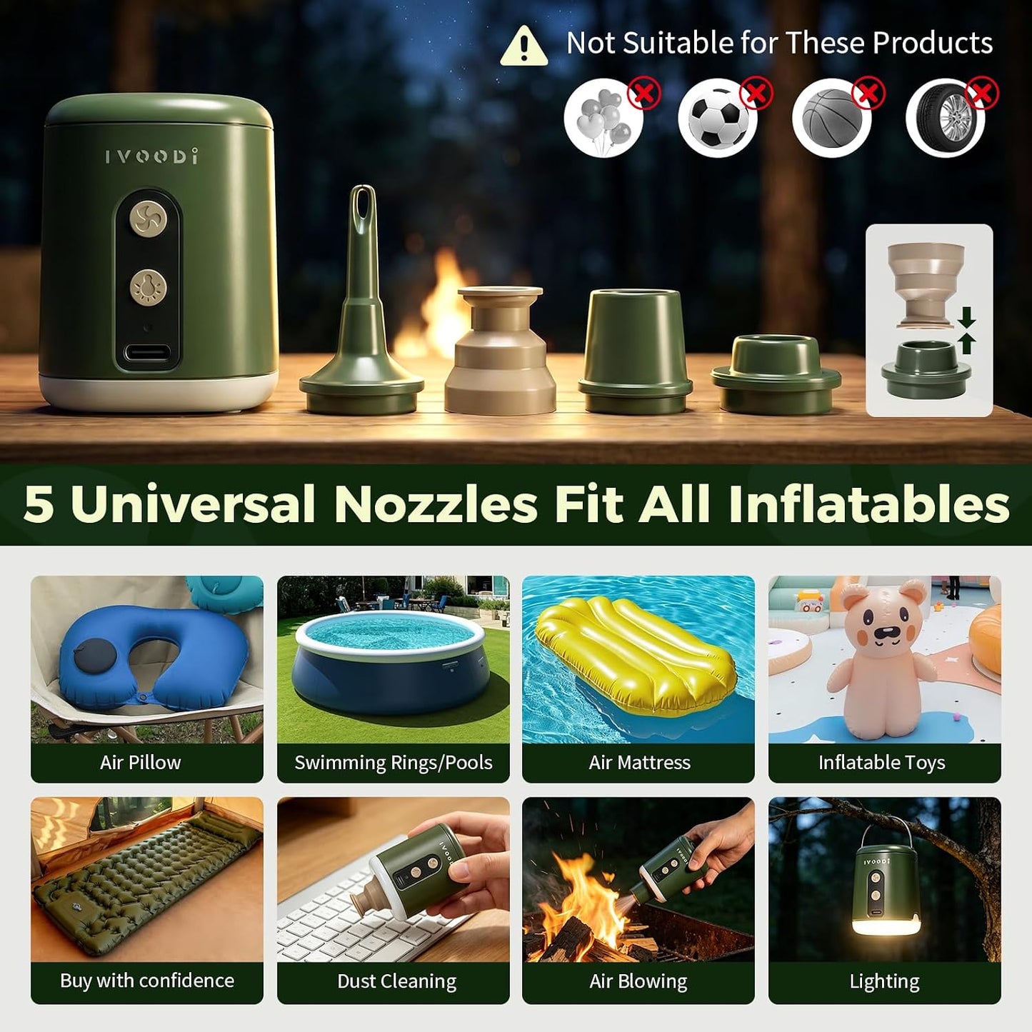 Portable Air Pump for Inflatables, 4500kPa Rechargeable, 4 Nozzles | 180L/Min Airflow | Inflate & Deflate| Built-In LED Camping Light| For Air Mattresses, Pool Floats, Sleeping Pads, Vacuum Bags