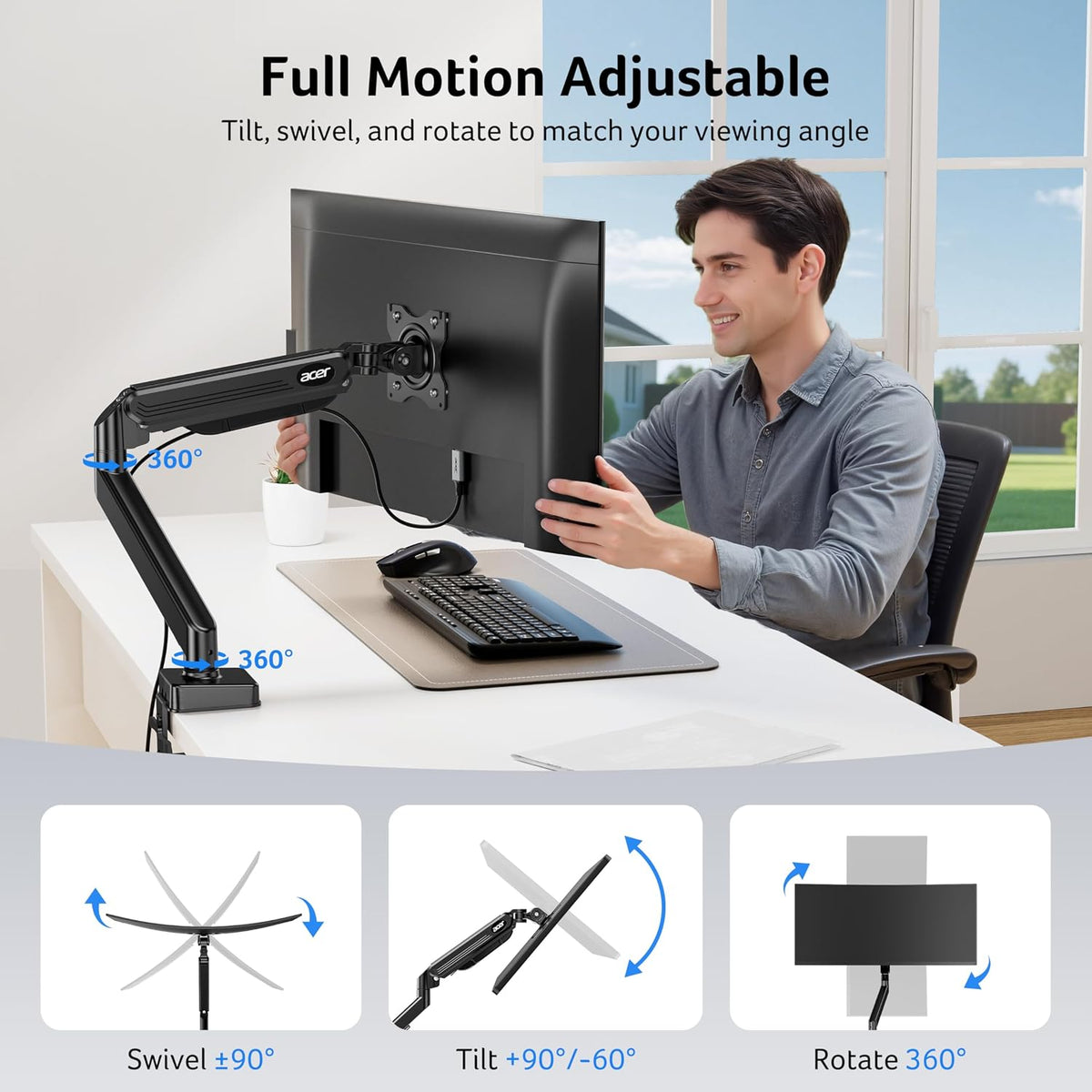Acer Single Monitor Mount, Fully Adjustable Monitor Arm Fits 17-34" Screens