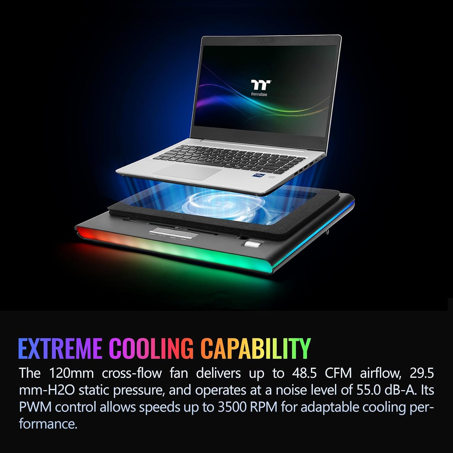 Thermaltake Massive EXTREME Notebook Cooler; Laptop up to 18in; 800~3500 RPM; 48.5 CFM; 120mm Cross Flow Fan; Ambient Temp Sensor; PWM Scroll Wheel; 2 Stage Height & Angle Adjustment; CL-N023-PL12SW-B