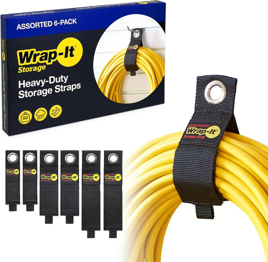 Heavy-Duty Wrap-It Storage Straps - Assorted 6-Pack | Garage Storage Extension Cord Organizer Cable Straps and Yard Cord Storage for Hose Organizer, Tools, RV Accessories