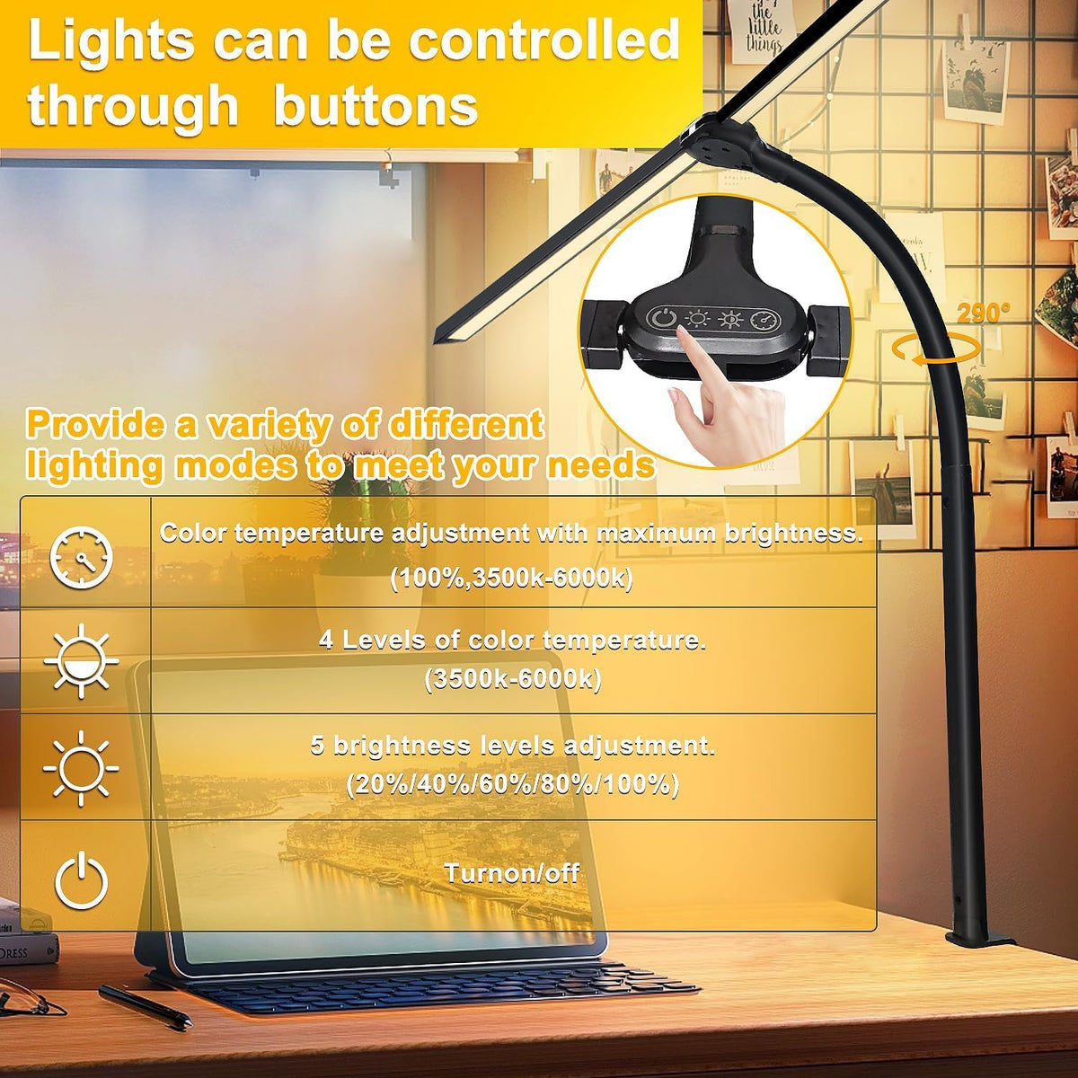 Double Head LED Desk Lamp for Office - Eye Caring Lamp with Clamp
