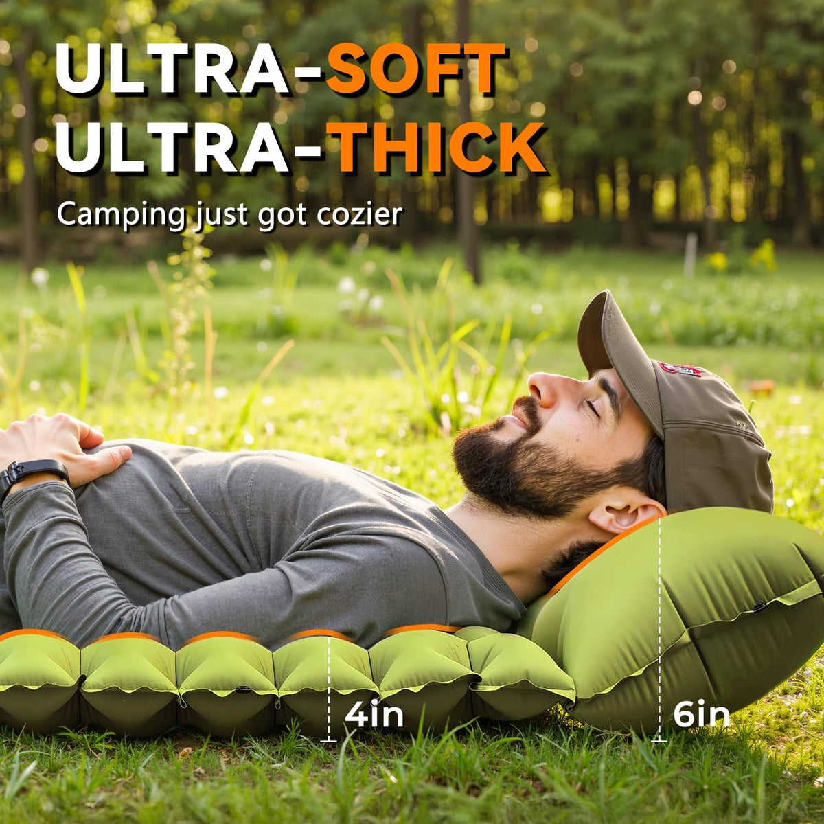 Sleeping Pad for Camping, Built-in Foot Pump with Pillow | Ultralight Inflatable, Extra Thick Compact Camping Mattress for Camping, Hiking, Backpacking, Tent Use, Single, Green