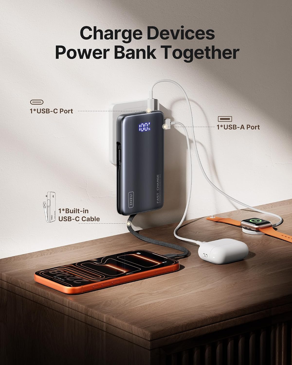 INIU 45W Fast Charging Portable Charger, 10000mAh with Built in Wall Plug | Slimmest, Built-in Wall Plug, USB-C Cable, GaN, Flight-Safe, 3 in 1 Power Bank for iPhone 17, Samsung, iPad etc