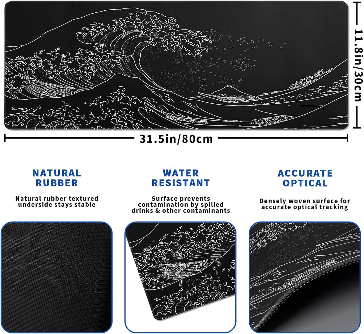 Japanese Gaming Mouse Pad Abstract Black Mouse Pad 31.5x11.8 Inch Black Sea Wave Texture Non-Slip Rubber Base Large Ocean Mousepad Stitched Edges Keyboard Mouse Mat Desk Pad for Office and Home