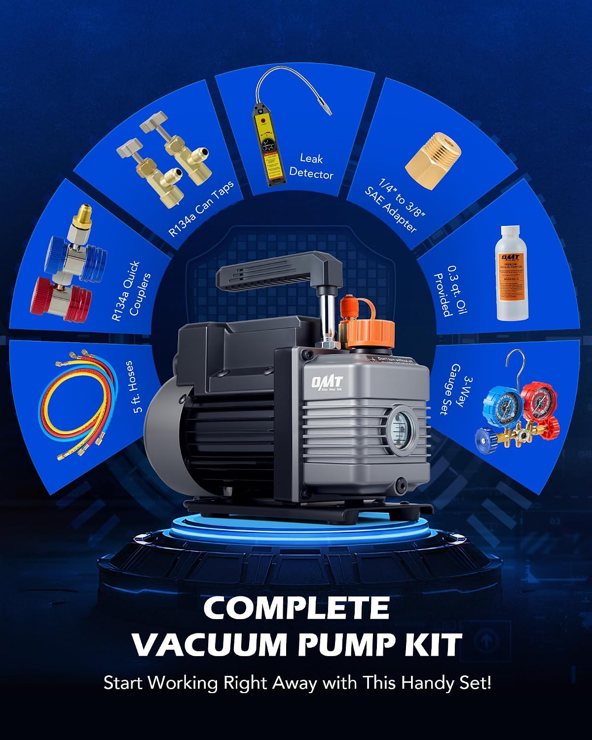 OMT 4 CFM AC Vacuum Pump and Gauge Set for R134a R12 R22 R502 | Copper Motor, Aluminum Alloy Casing; 3 Color Hoses, Can Taps, Adapters & Leak Detector; For Mini Split, HVAC & Auto Systems