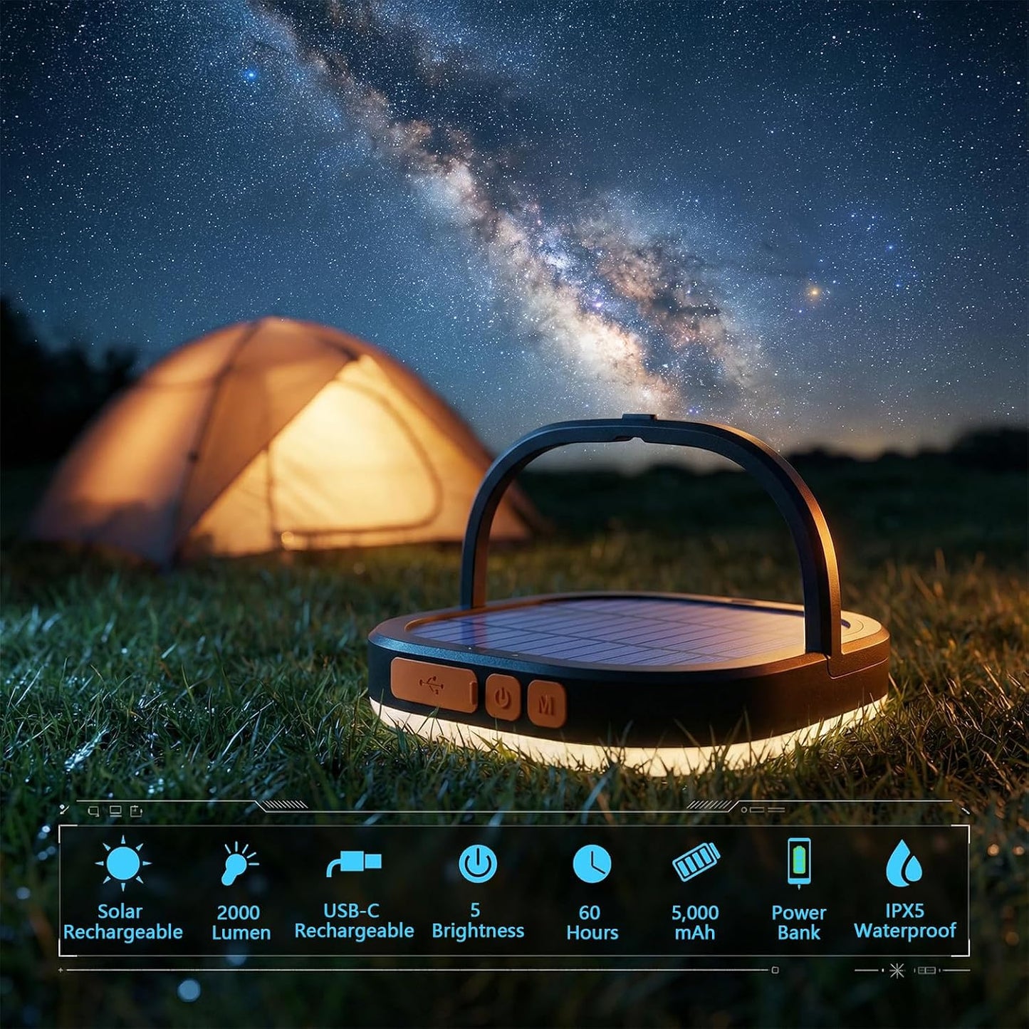 LED Camping Lantern, Solar Lanterns, 5000mAh Rechargeable Light 2000 Lumens 5 Light Modes, IP65 Waterproof with USB Charging – Lanterns for Power outages Hurricane, Hiking, Fish, Emergency, and Home