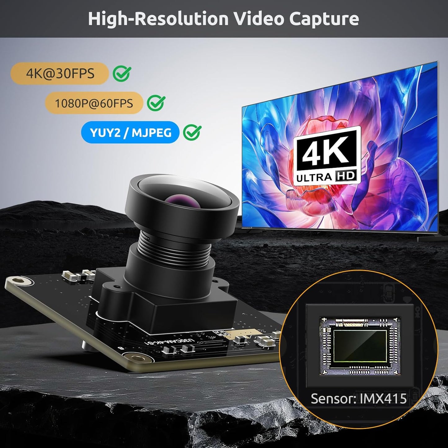 USB 3.0 UVC Camera Module with IMX415 Sensor, 4K@30FPS & 1080P@60FPS, Plug and Play for Windows/Linux/Mac/Android/Raspberry Pi/Jetson Nano/ARM Boards