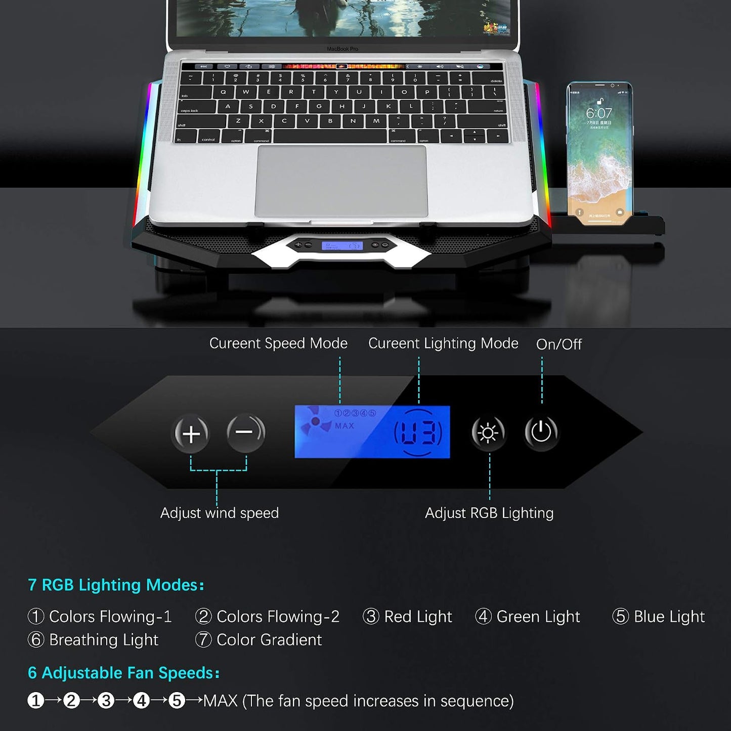 TopMate C11 Laptop Cooling Pad RGB Gaming Notebook Cooler, Laptop Fan Stand Adjustable Height with 6 Quiet Fans and Phone Holder, Computer Chill Mat, for 15.6-17.3 Inch Laptops - Blue LED Light
