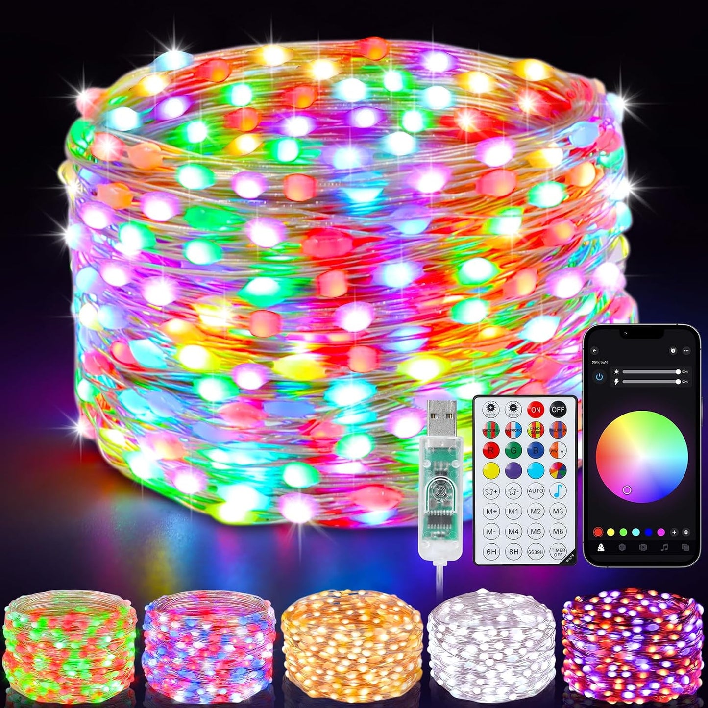 echosari Smart Fairy Lights 33Ft 100 LED USB (Color Changing) | APP & Remote Control, Music & Mic Sync, USB Powered, Flexible, for Holiday & Party Decor